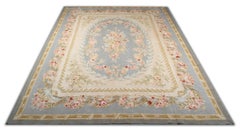 Vintage Aubusson Style Rug Tapestry, Blue Floral Needlepoint Country Home Decor