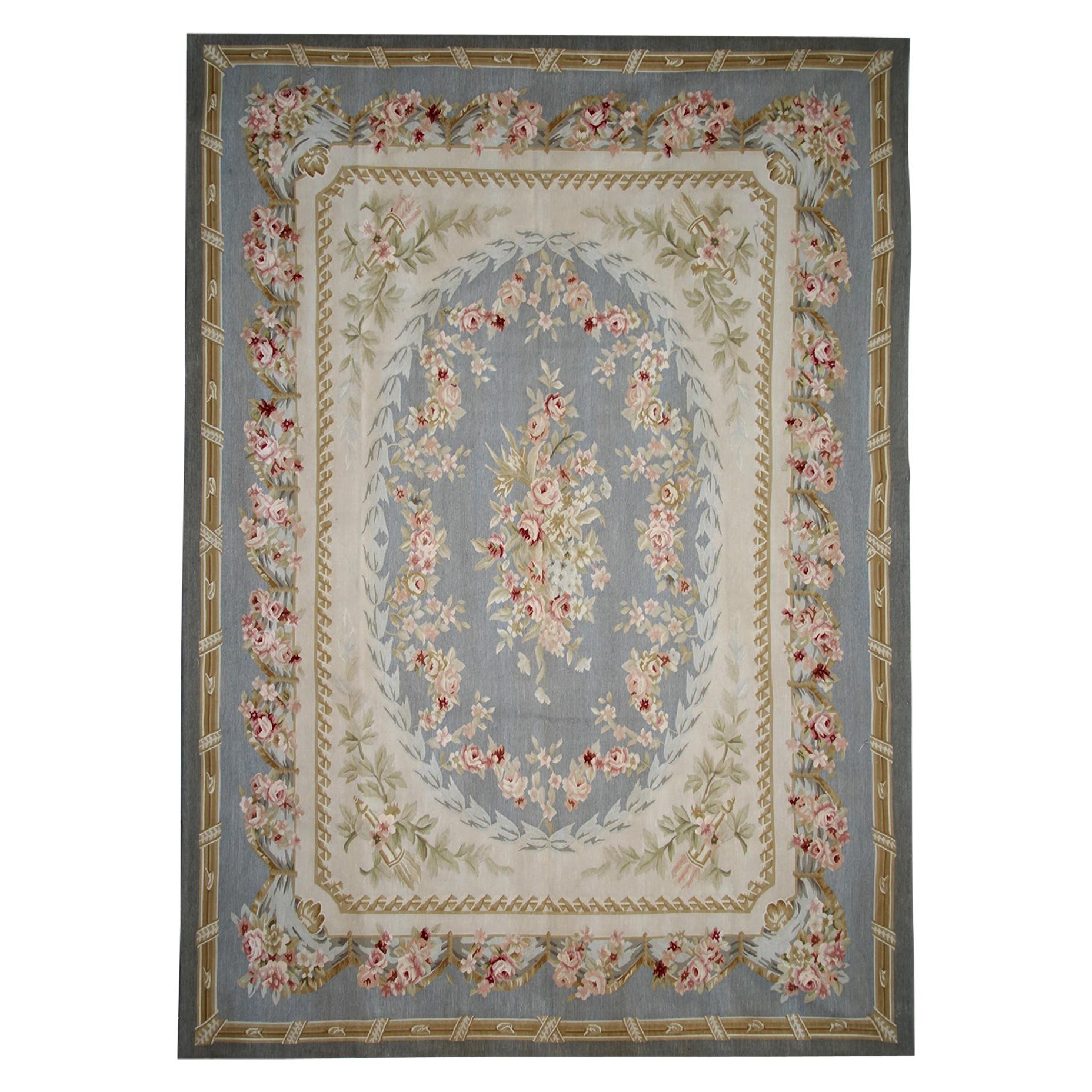 Vintage Aubusson Style Rug Tapestry, Blue Floral Needlepoint Country Home Decor For Sale