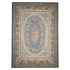 Vintage Aubusson Style Rug Tapestry, Blue Floral Needlepoint Country Home Decor