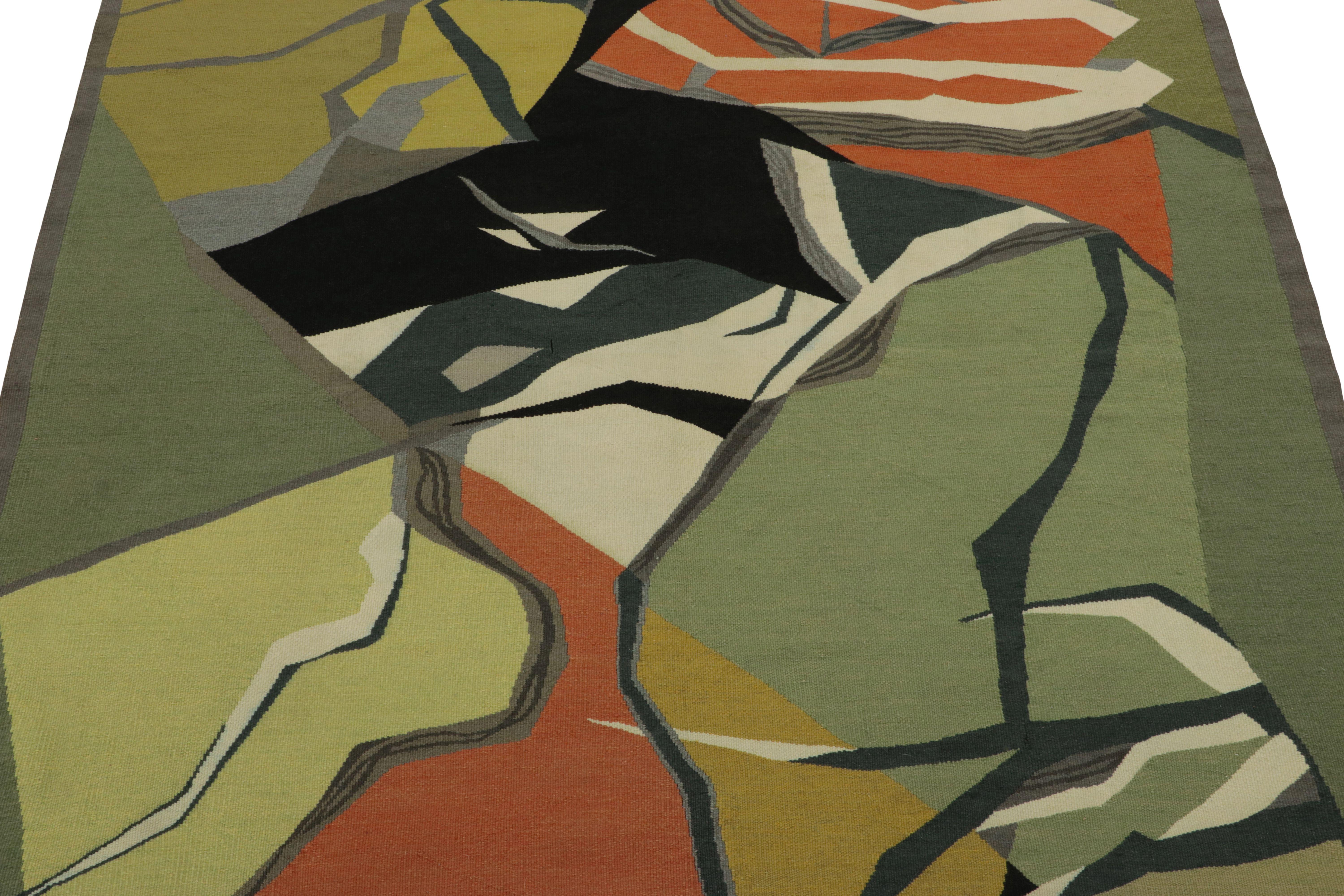 Tissée à la main en laine et originaire de France vers 1950, cette tapisserie vintage 4×6 est une pièce de collection d'Aubusson, réalisée par un éminent artiste visuel français connu pour ses contributions significatives au monde de l'art de la