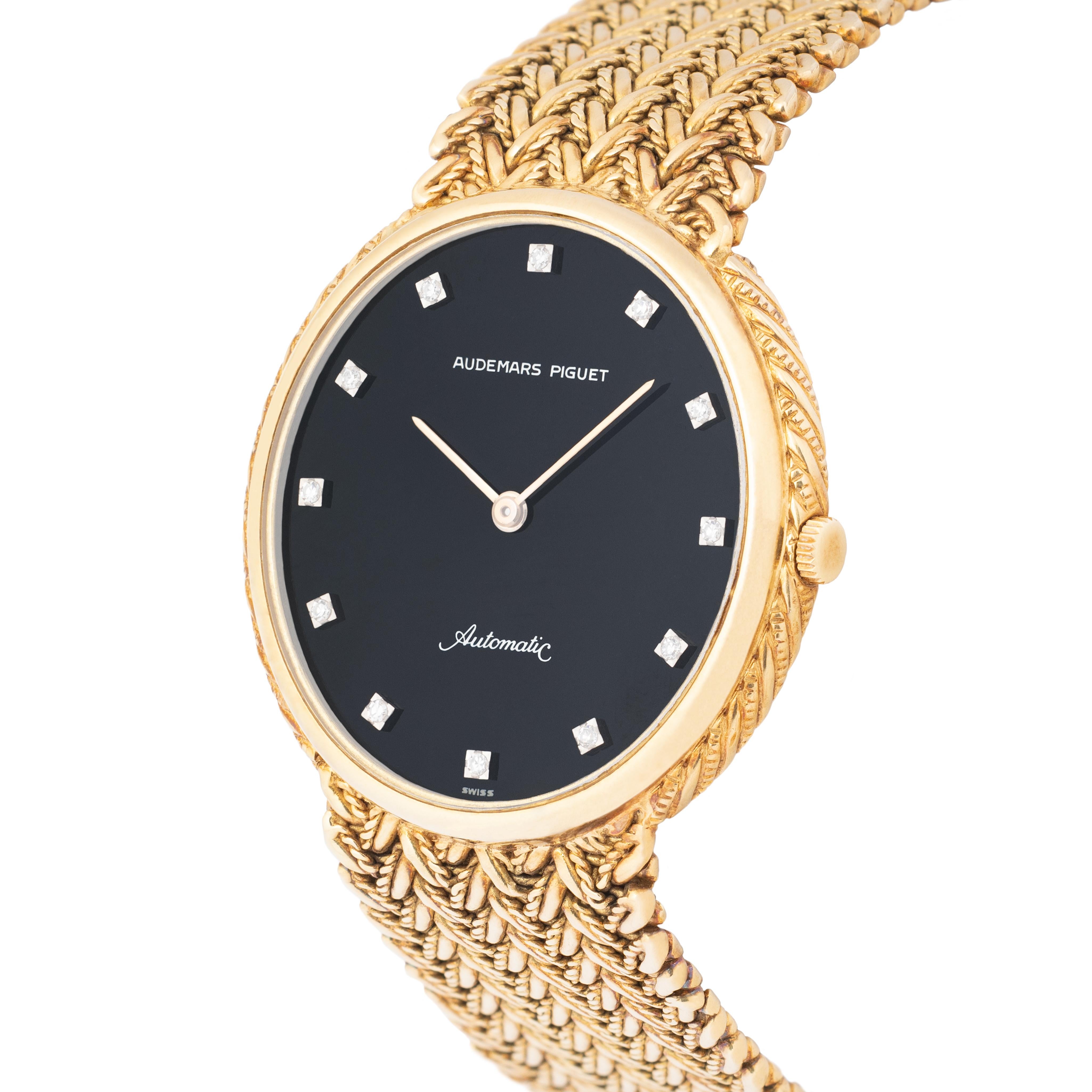 Brilliant Cut Vintage Audemars Piguet 18 Karat Yellow Gold 33mm Diamond Integrated Woven