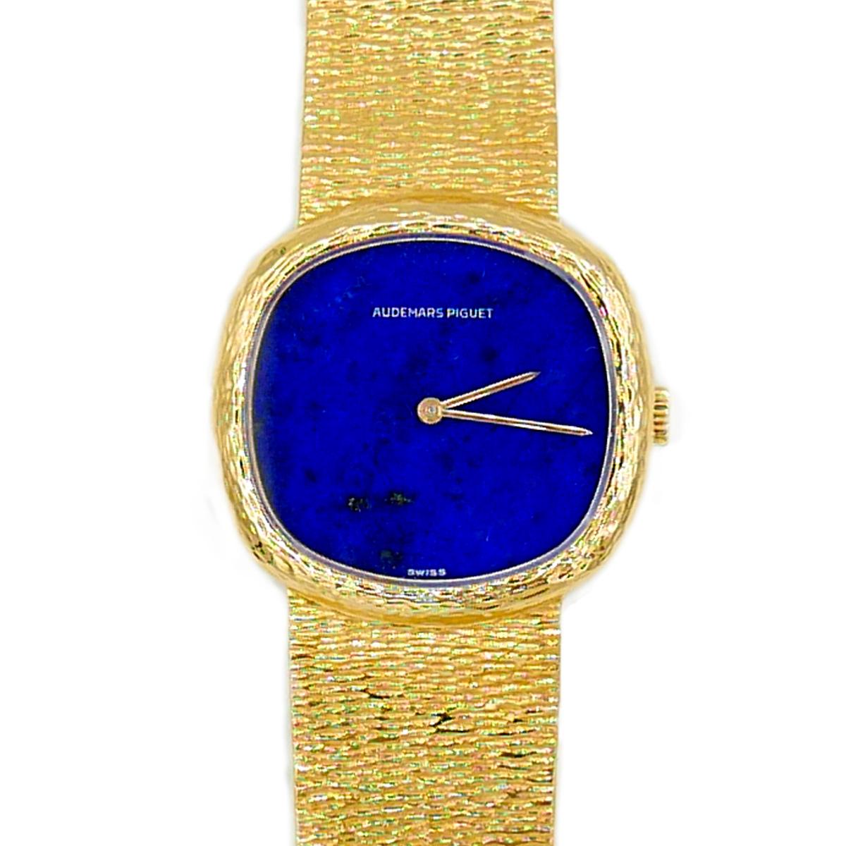 Audemars Piguet 18k Yellow Gold with 25mm Case and Lapis Dial. 
Manual wind
Serial number 88651
c.1970s

Our watches come with a one year mechanical warranty. 