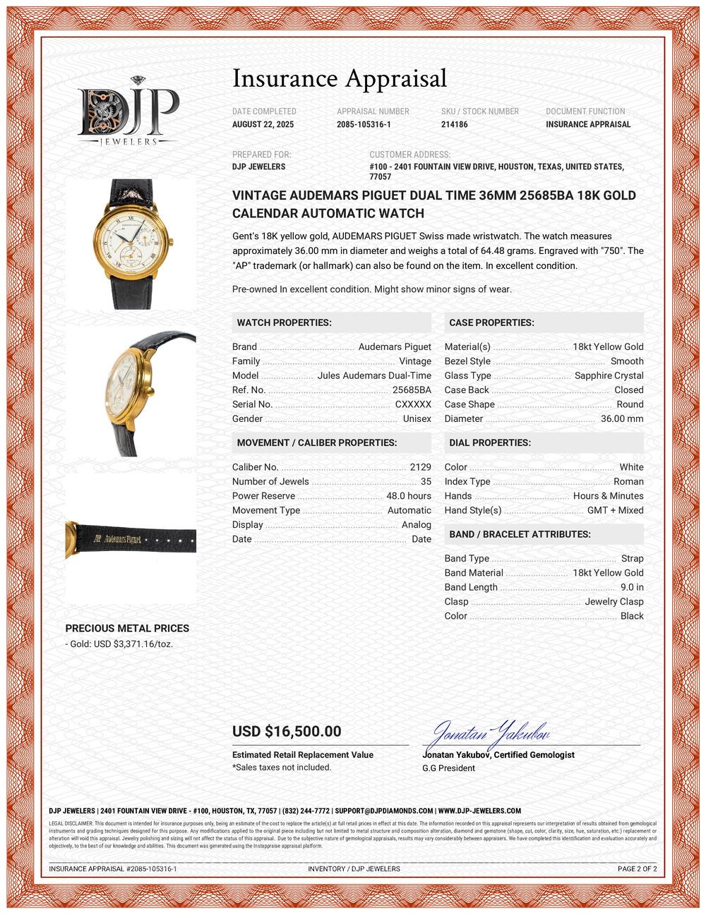 Orologio automatico d'epoca Audemars Piguet Dual Time 36MM 25685BA Calendario in oro 18K in vendita 7