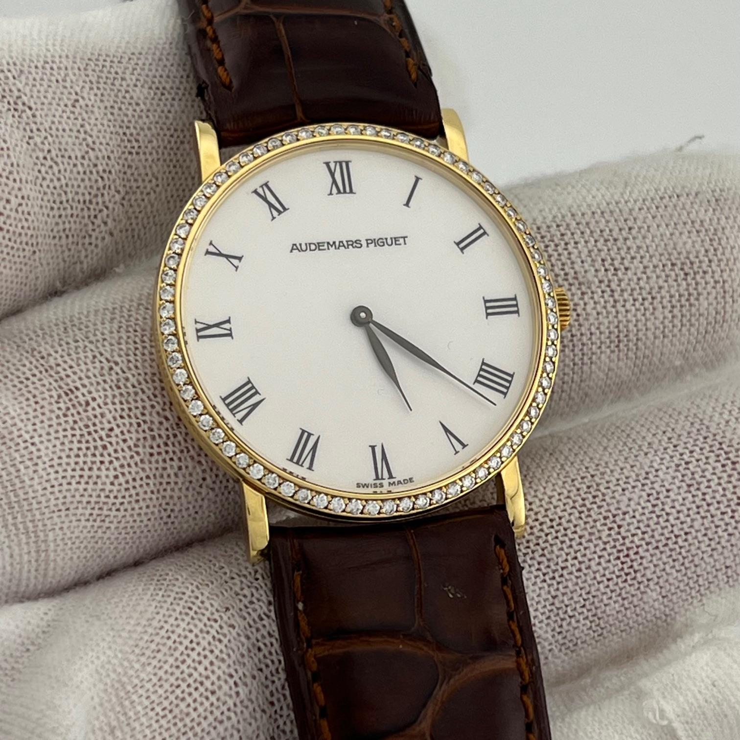 Style Number: 14273 / 14273BA



Serial: D13***

 

Model: Audemars Piguet Extra Flat

 

Case Material: 18k Yellow Gold 

 

Band: Brown Leather Strap

 

Bezel: 18k Yellow Gold With Factory Diamonds 

 

Dial: White

 

Crystal: Sapphire

 

Case