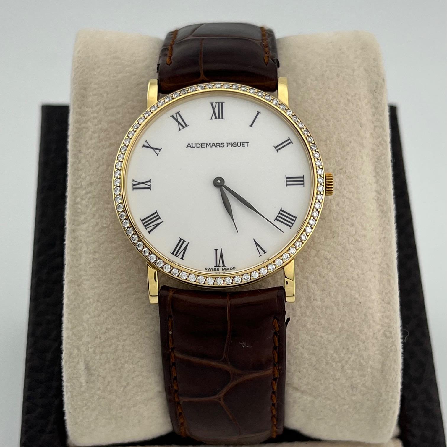 Vintage Audemars Piguet Extra Flat 14273 31mm 18k Gold Factory Diamond Bezel For Sale 1