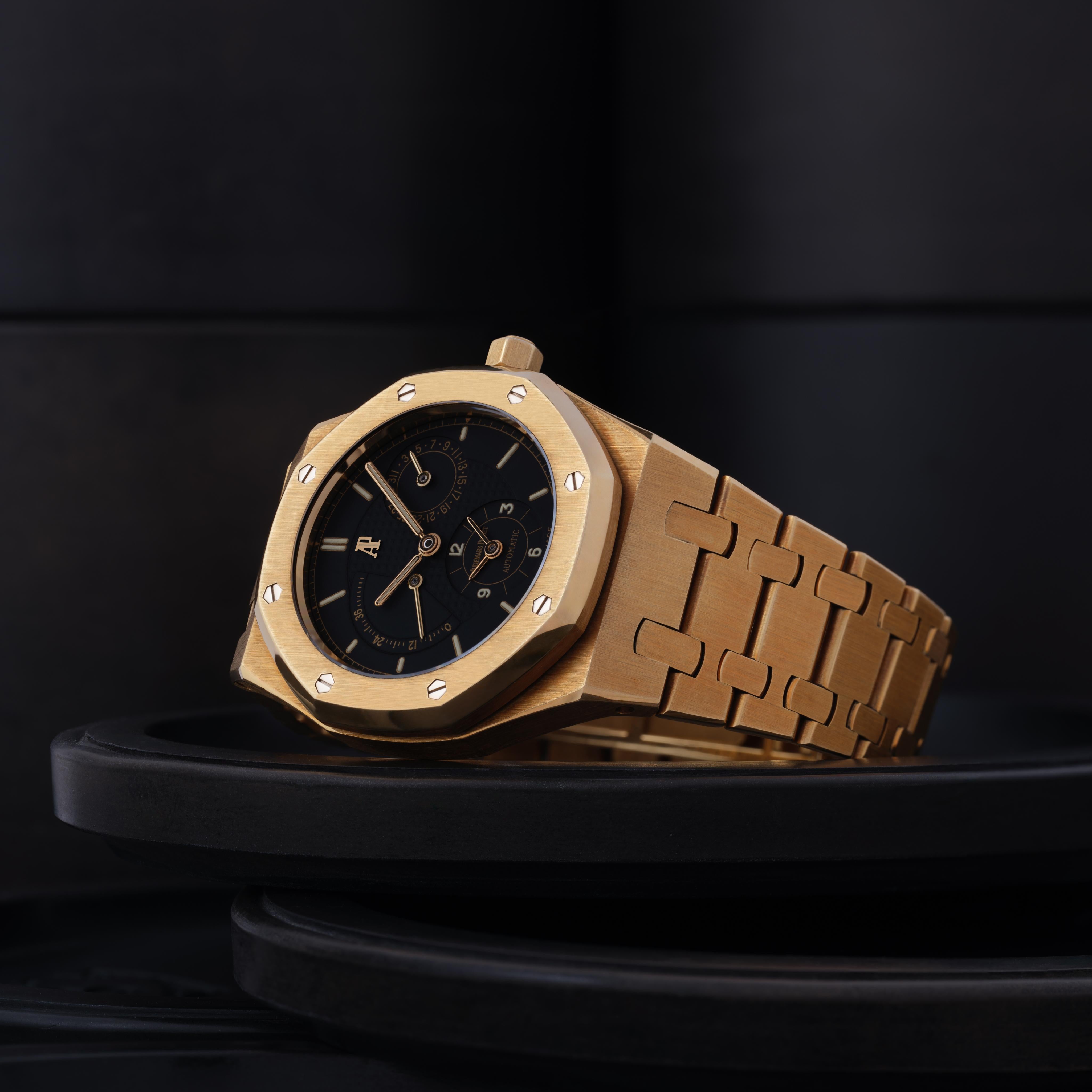 This Royal Oak Reference 25730BA is a yellow gold dual-time complication that reflects the technical precision and aesthetic codes of Audemars Piguet’s most celebrated lineage. Part of the evolution of Gérald Genta’s 1972 design, it expands the