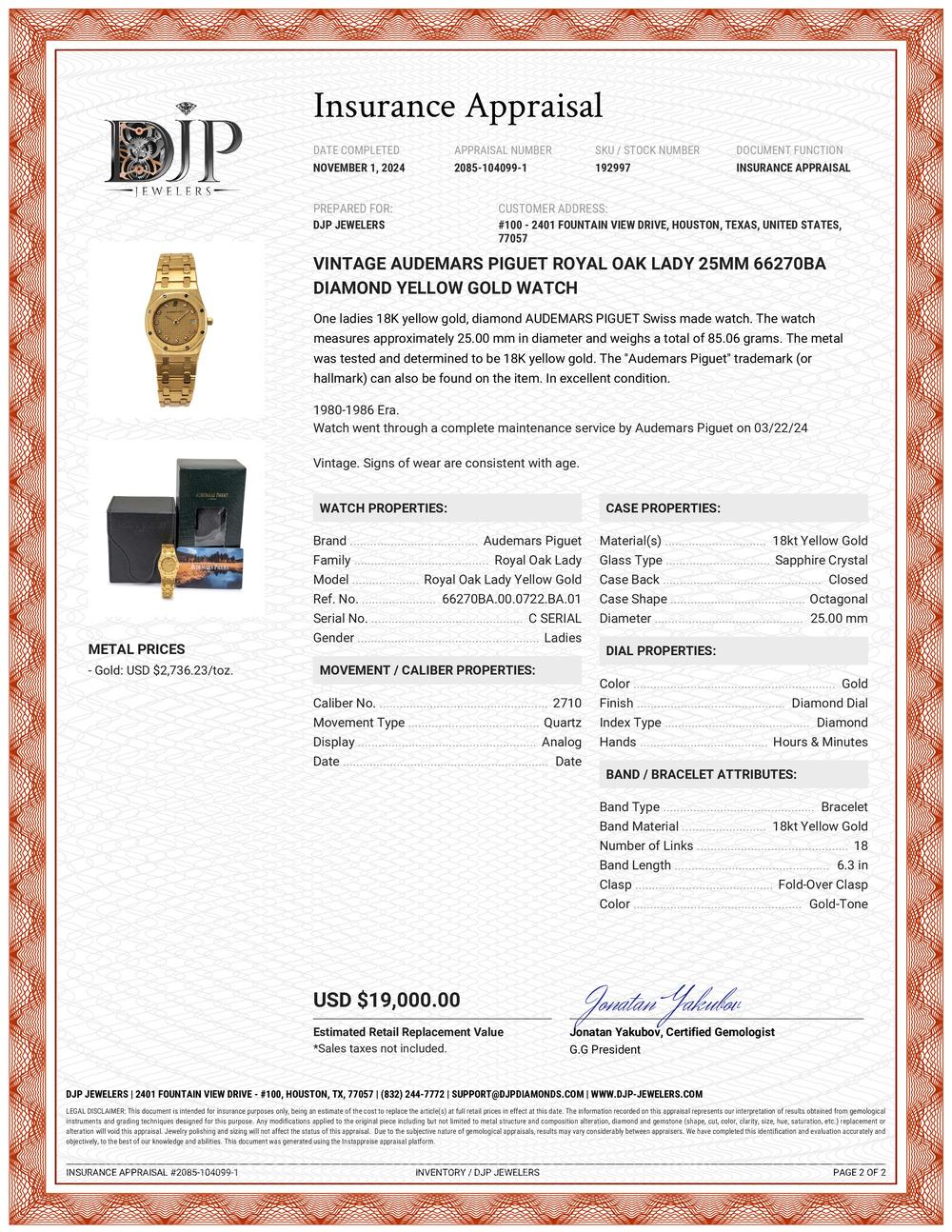 Marke: Audemars Piguet

Geschlecht: Damen

Metall Typ: 18K Gelbgold

Durchmesser: 25,00 mm

Gewicht: 85,06 Gramm

Eine Damenuhr aus 18 Karat Gelbgold mit Diamanten von AUDEMARS PIGUET aus der Schweiz. Das Metall wurde getestet und es wurde