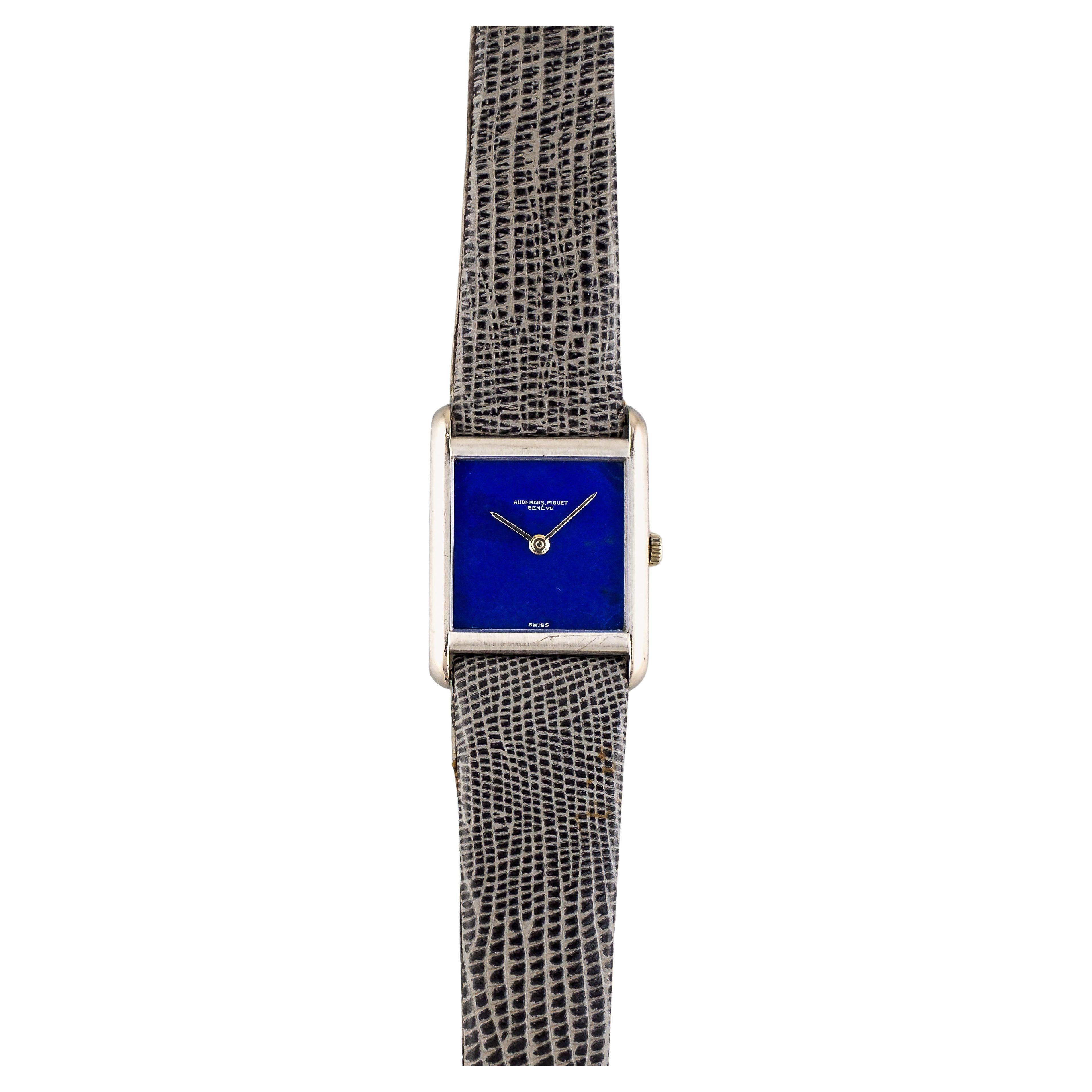 Vintage Audemars Piguet Tank 1970s Blue Lapis Dial 23x28mm 18k White Gold Case.