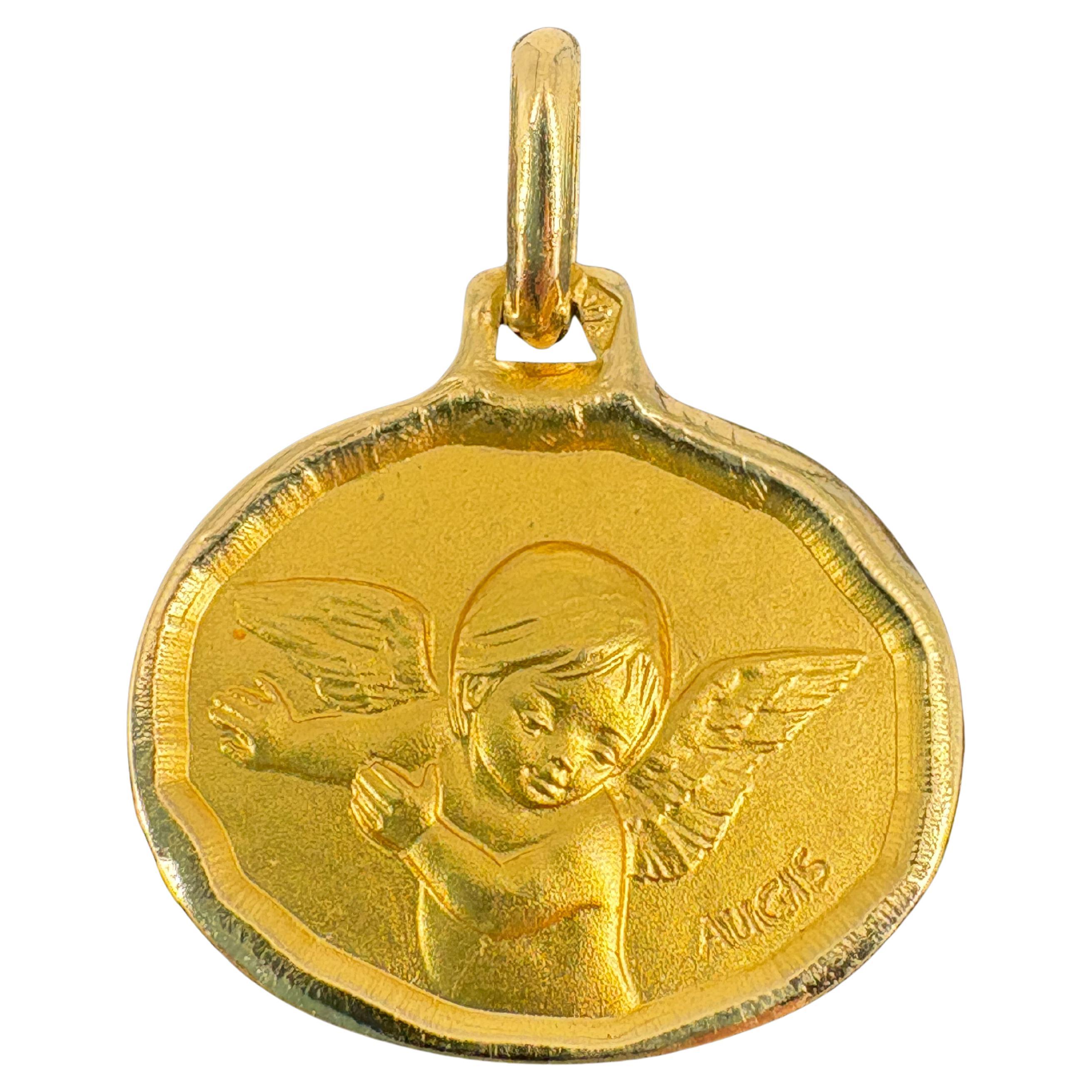 Vintage Augis 18k Gold Schutzengel Medaille Charm 16mm signiert Französisch Anhänger