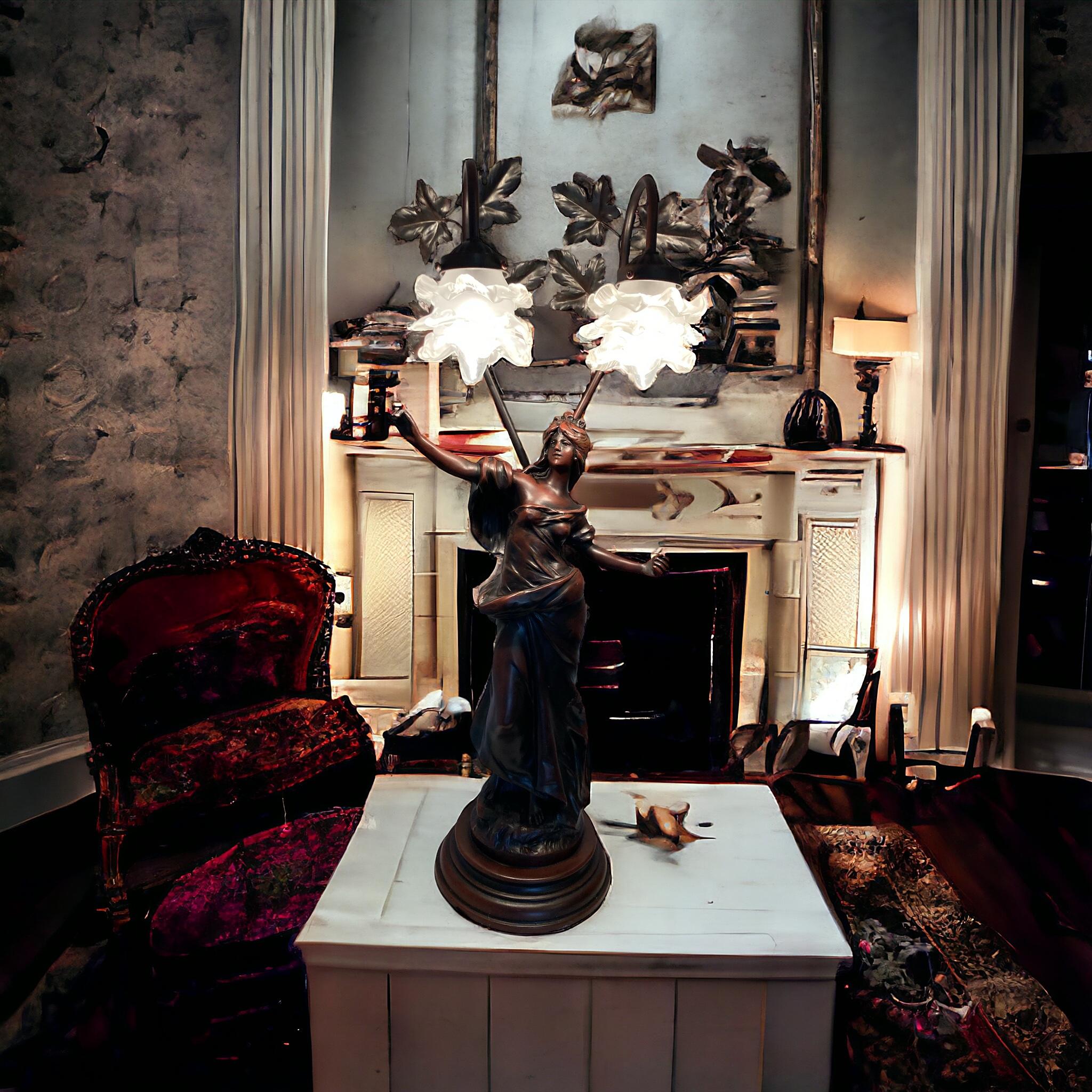 Lampe de table figurative Auguste Moreau avec abat-jour en verre. en vente 2