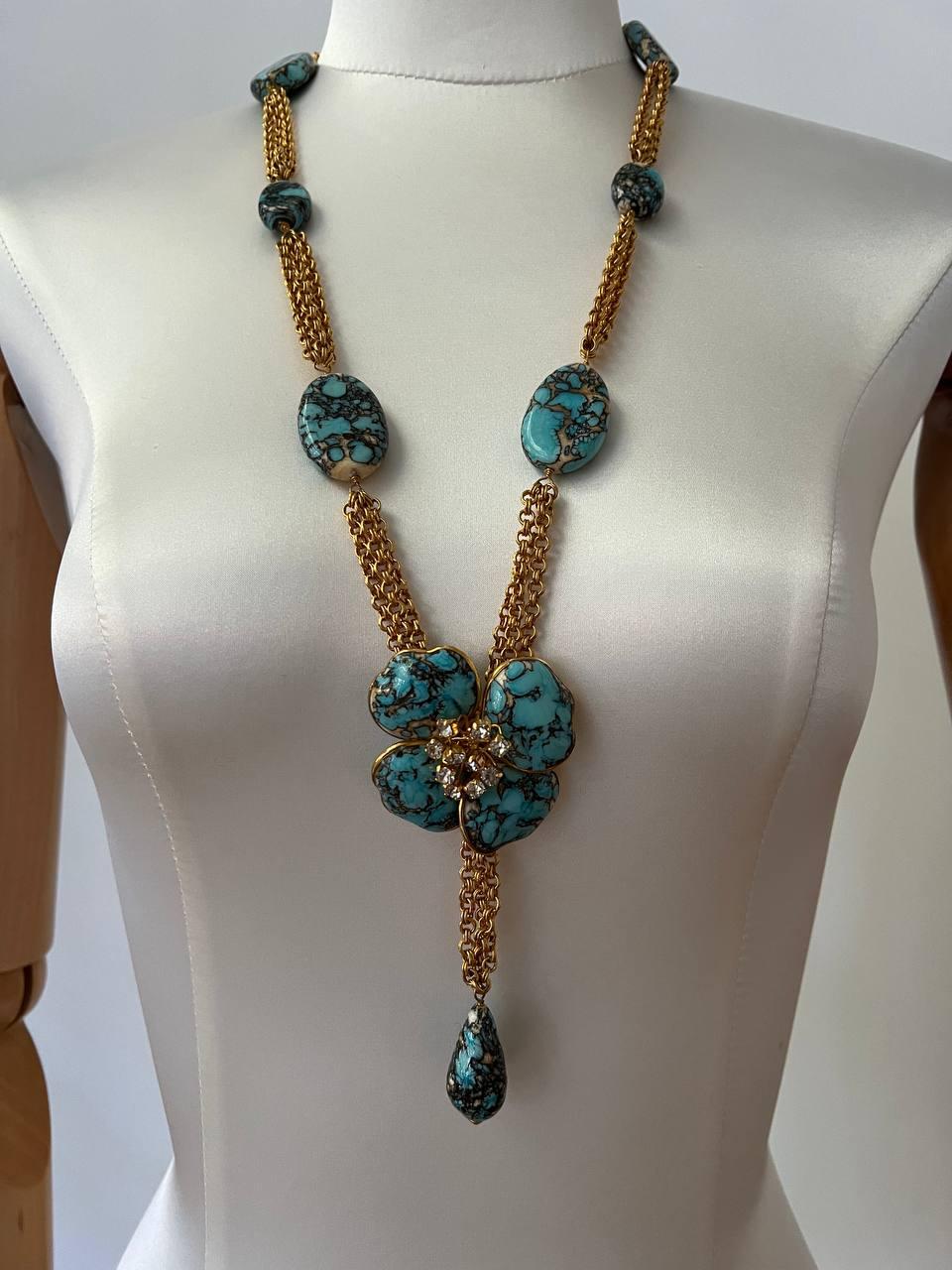 Vintage Augustine Gripoix Turquoise Glass Flower Necklace, 1990s  For Sale 3
