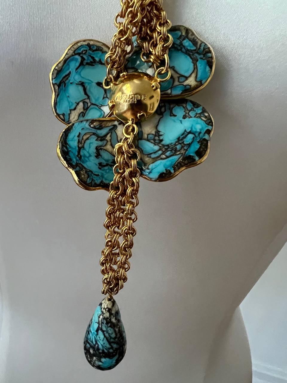 Augustine Gripoix, collier à fleurs vintage en verre turquoise, années 1990  Excellent état - En vente à New York, NY