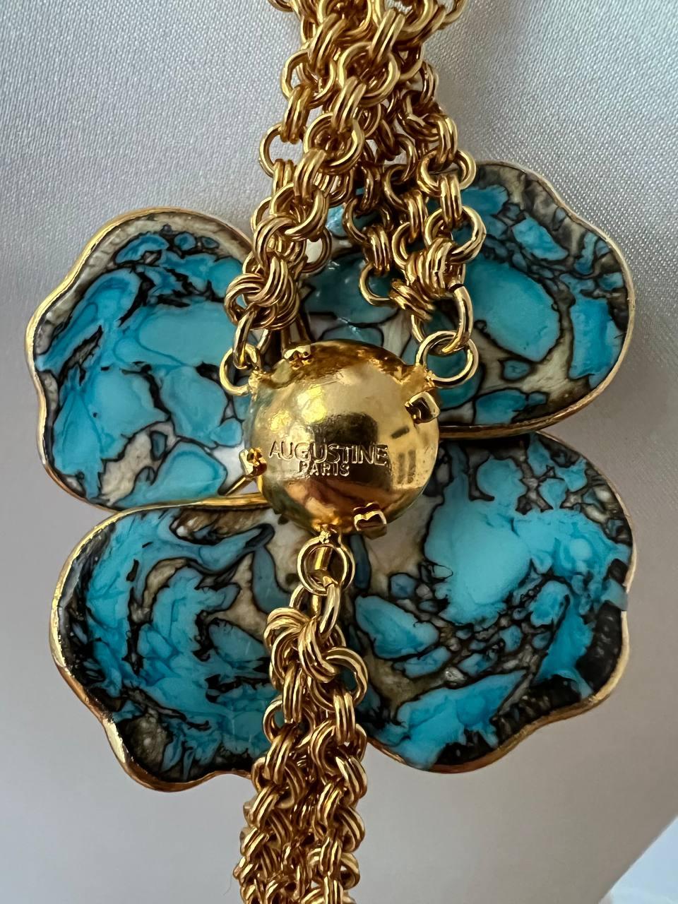 Art Nouveau Vintage Augustine Gripoix Turquoise Glass Flower Necklace, 1990s  For Sale