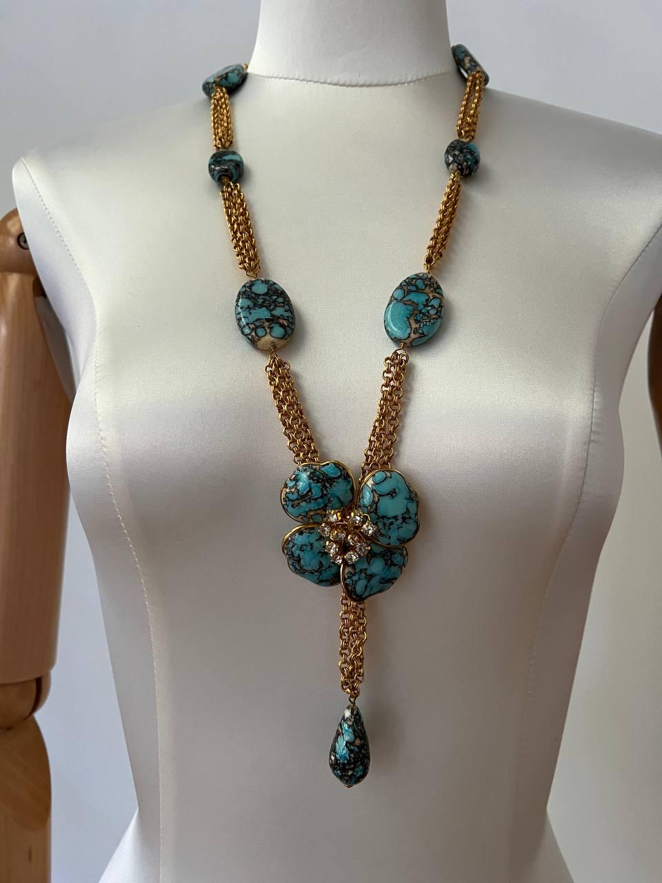Vintage Augustine Gripoix Turquoise Glass Flower Necklace, 1990s  For Sale 2