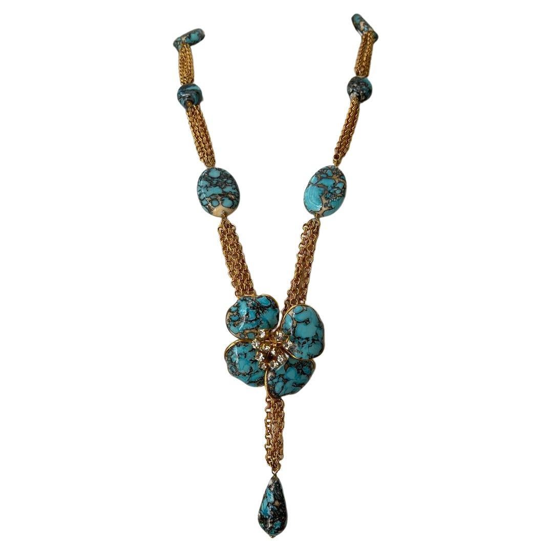 Vintage Augustine Gripoix Turquoise Glass Flower Necklace, 1990s  For Sale