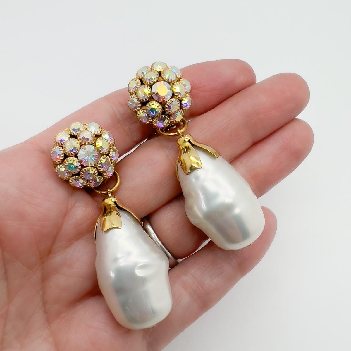Women's Vintage Aurora Borealis Baroque Pearl Drop Earrings1960s For Sale