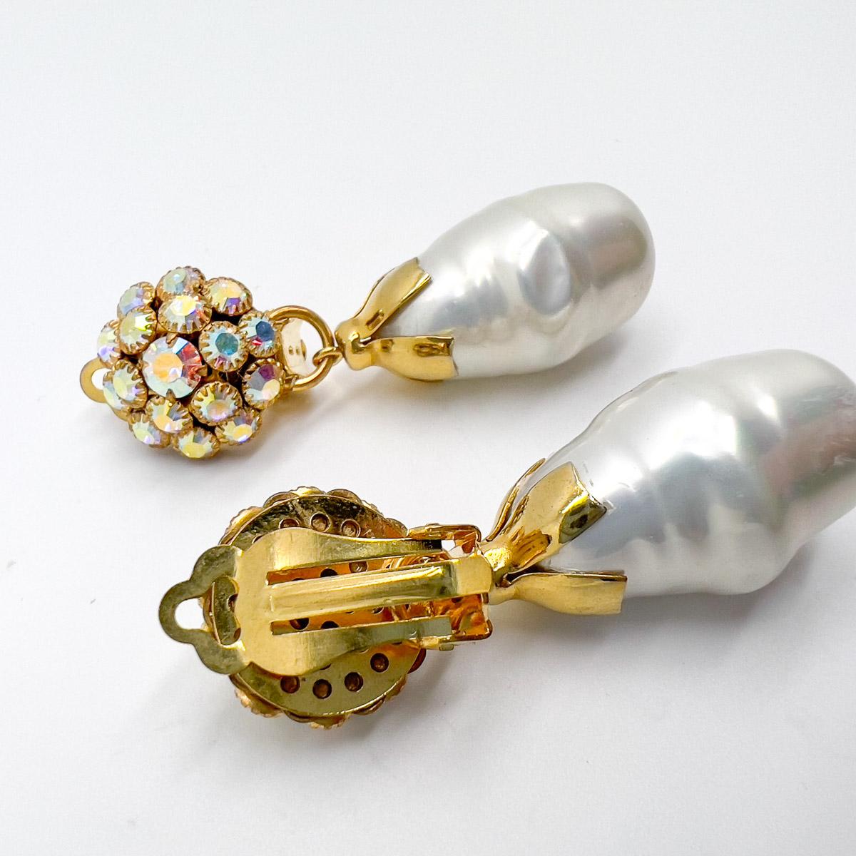 Vintage Aurora Borealis Baroque Pearl Drop Earrings1960s For Sale 1