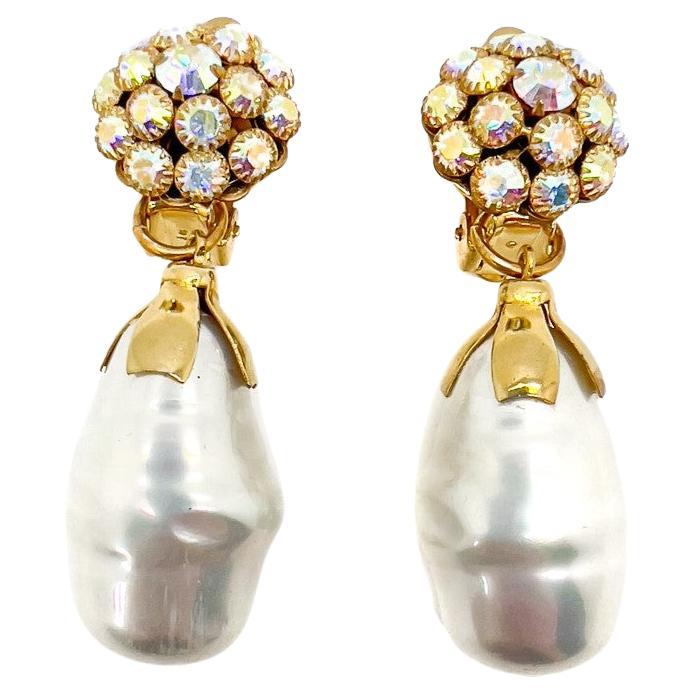 Vintage Aurora Borealis Baroque Pearl Drop Earrings1960s For Sale