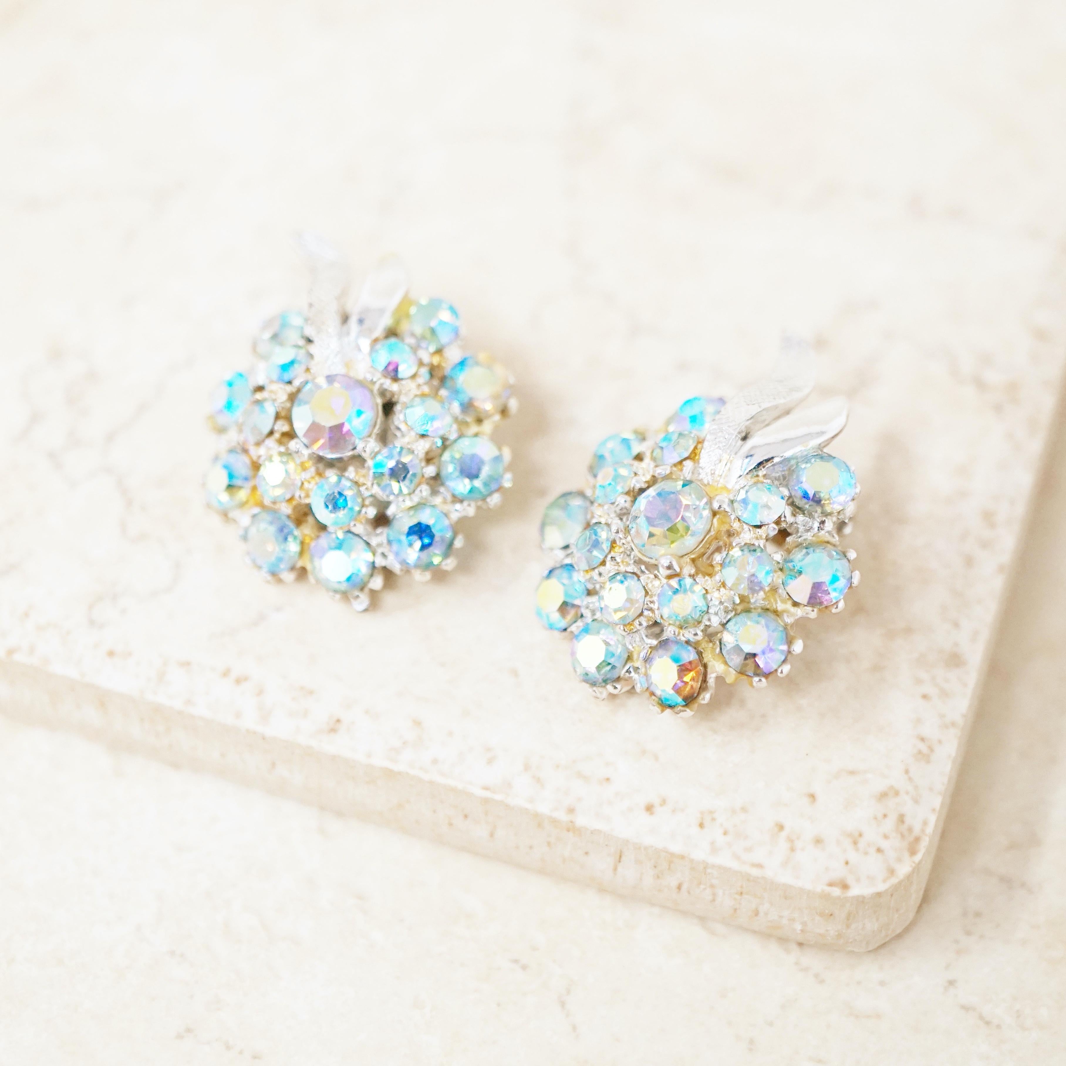 Modern Vintage Aurora Borealis Blue Crystal Cluster Earrings by ModeArt, 1960s
