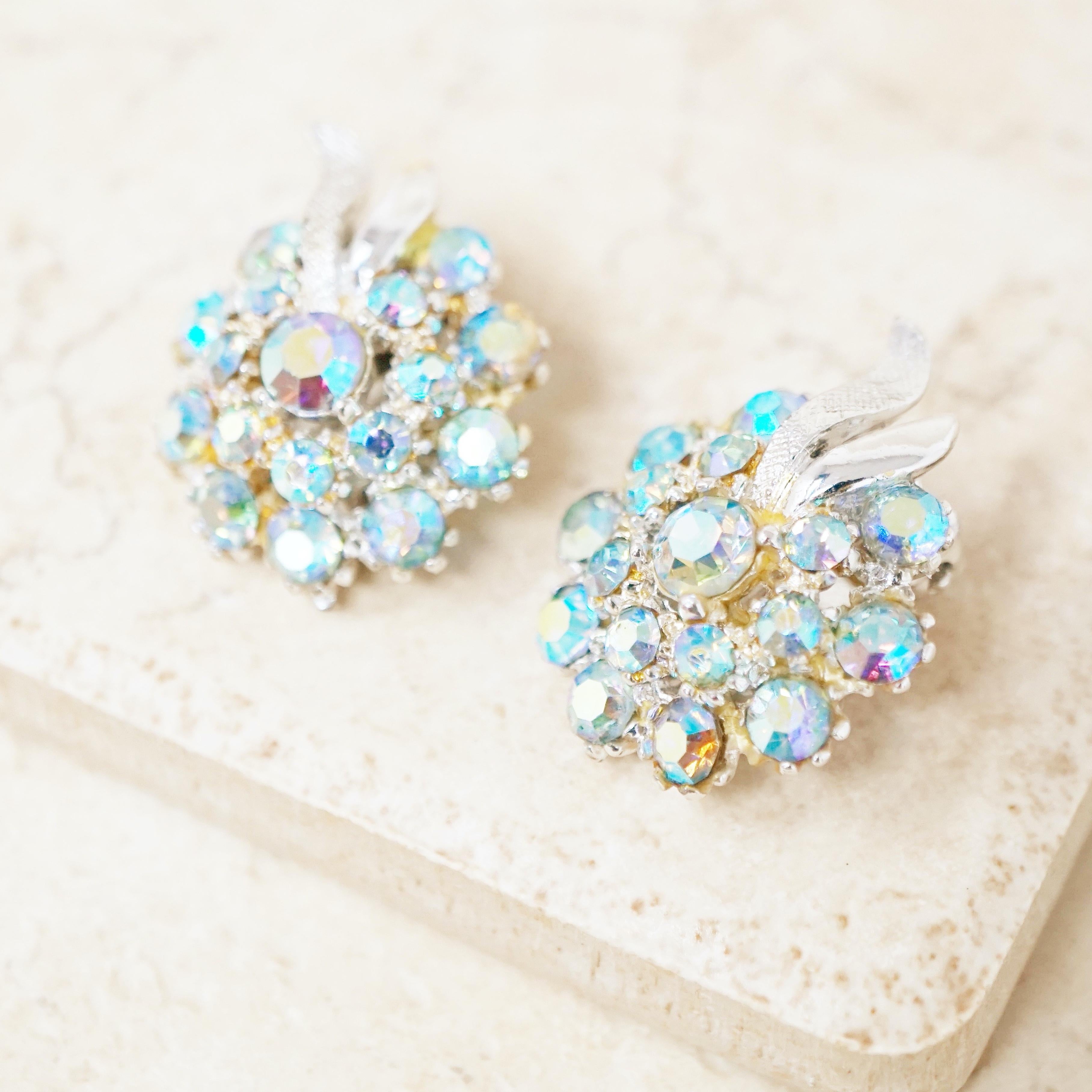 Vintage Aurora Borealis Blue Crystal Cluster Earrings by ModeArt, 1960s ...