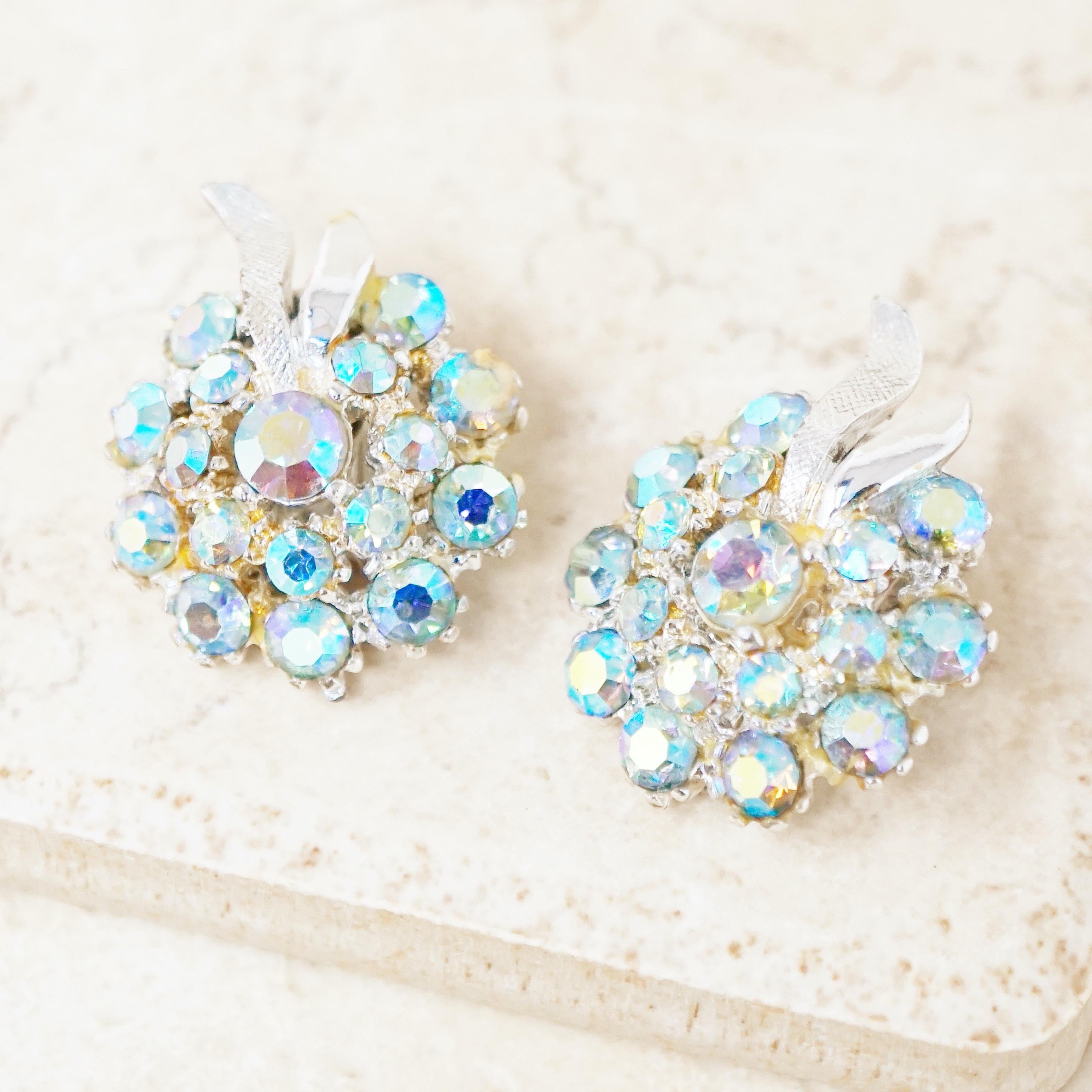 Women's Vintage Aurora Borealis Blue Crystal Cluster Earrings by ModeArt, 1960s