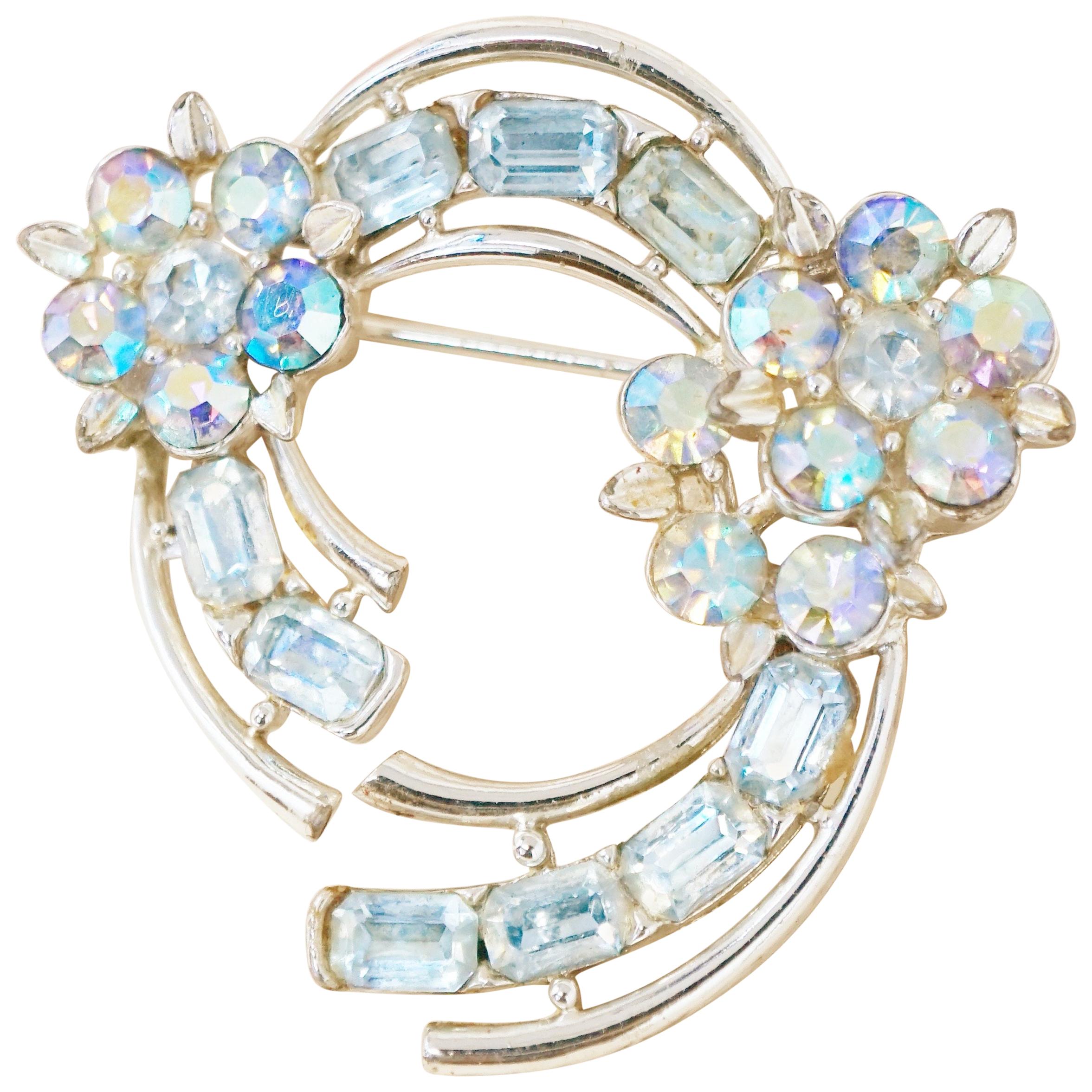 Vintage Aurora Borealis Blue Crystal Floral Brooch by Lisner, 1950s