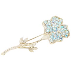 Vintage Aurora Borealis Blue Crystal Long Stem Flower Brooch by Lisner, 1950s