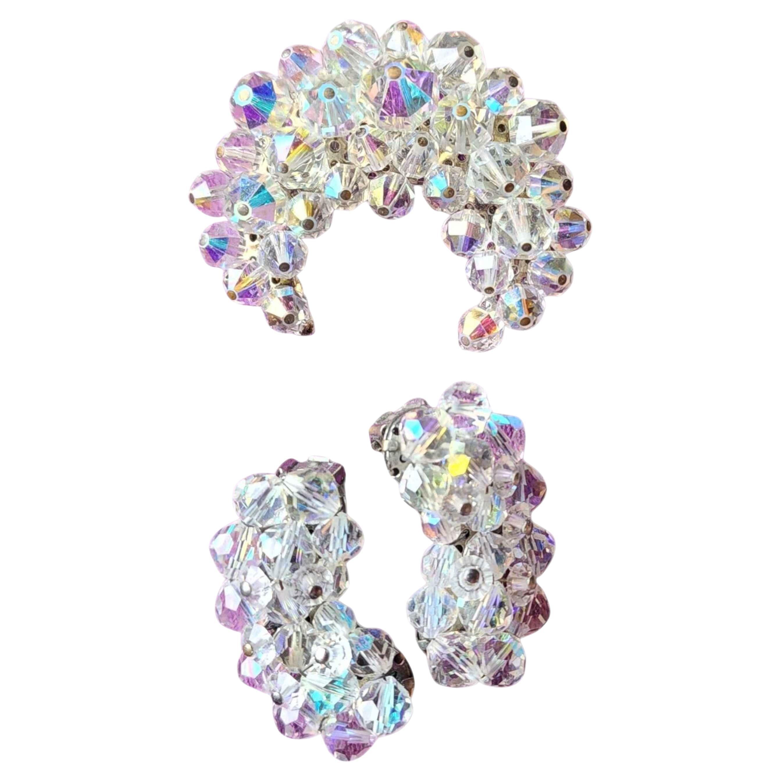 Set di spille e orecchini in cristallo Aurora Boreale vintage, anni 
50