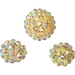 Vintage Aurora Borealis Crystal Brooch & Earrings Set 1950s Sparkling Cluster