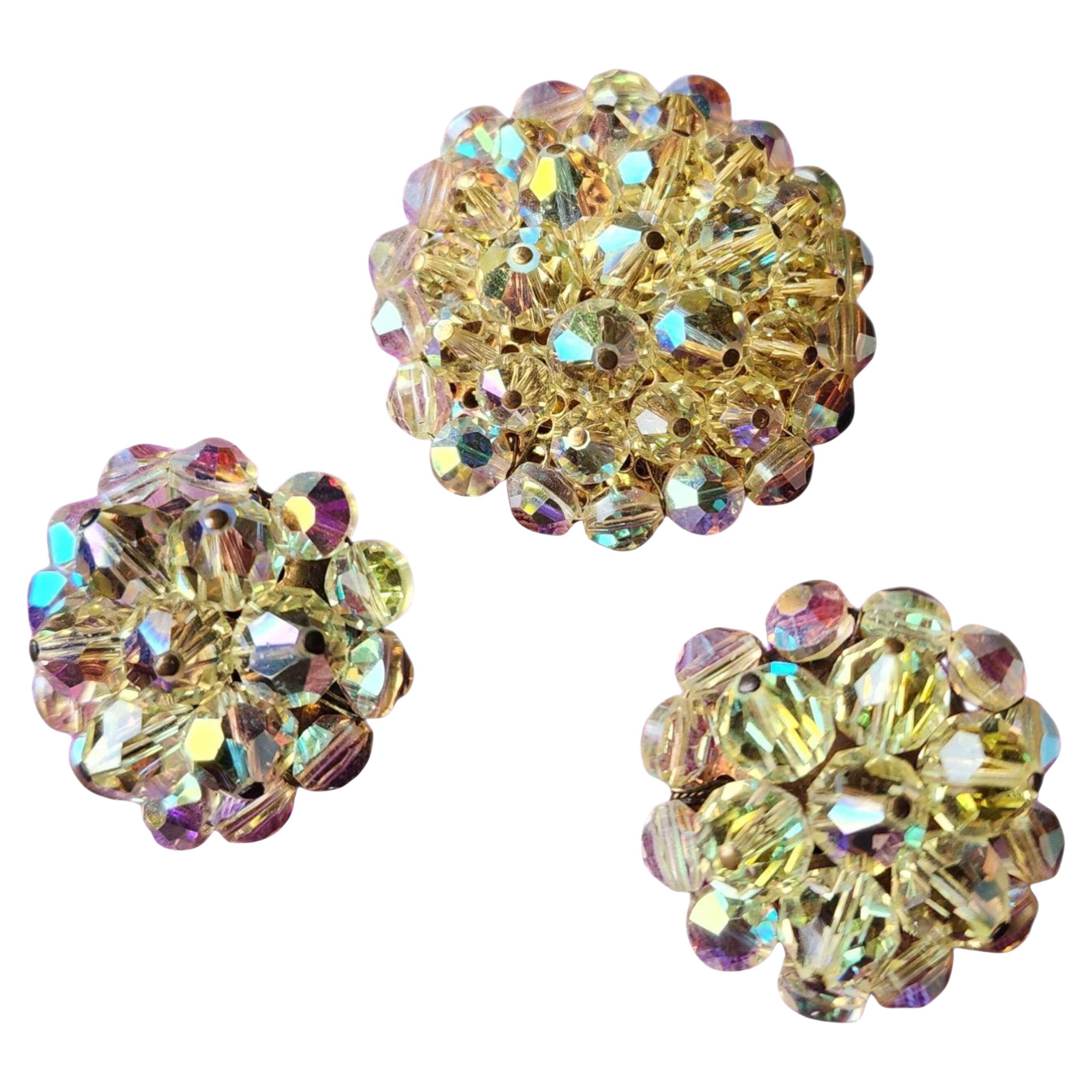 Set di spille e orecchini di cristallo Aurora Boreale vintage anni
50, scintillante