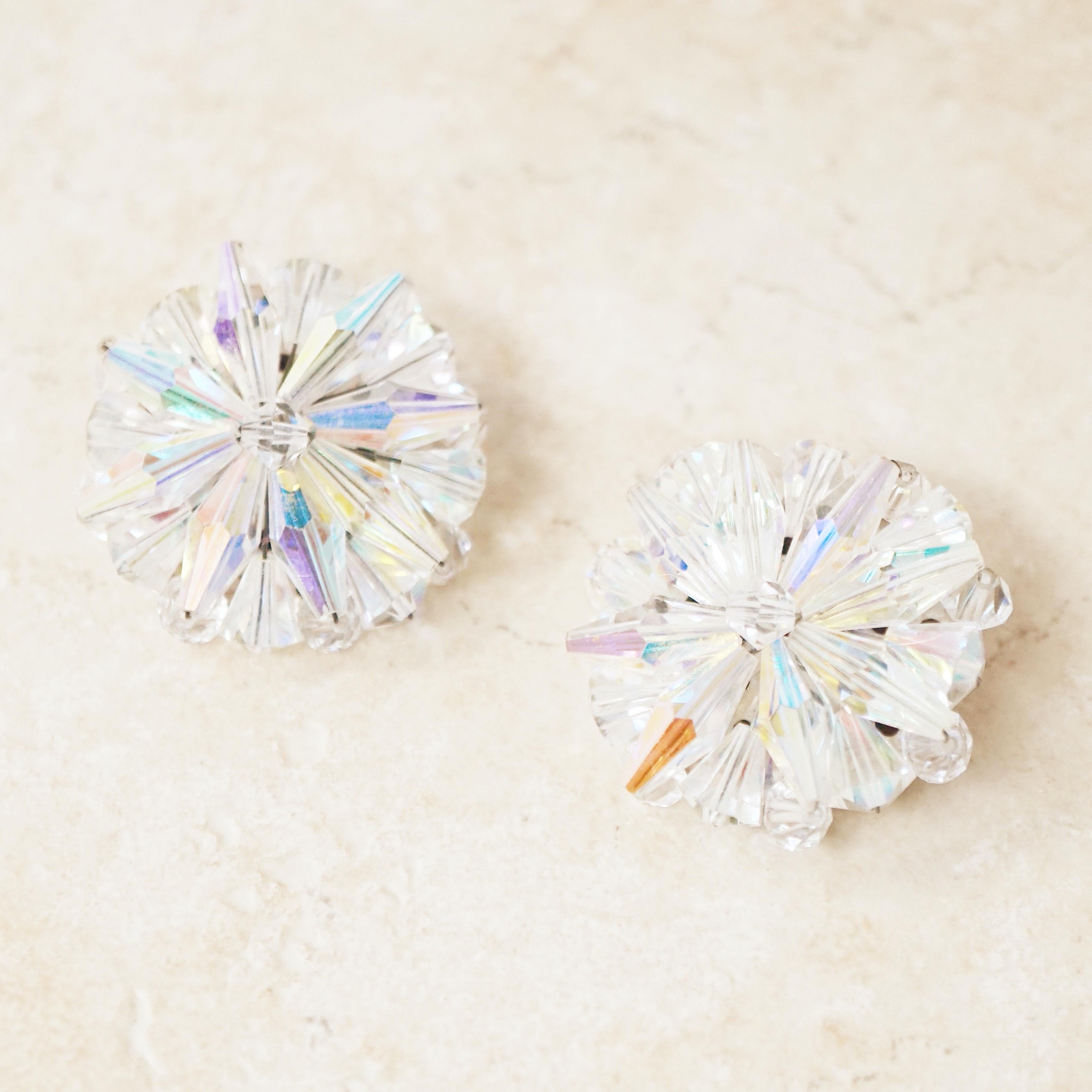 Modern Vintage Aurora Borealis Crystal Burst Statement Earrings, 1950s For Sale
