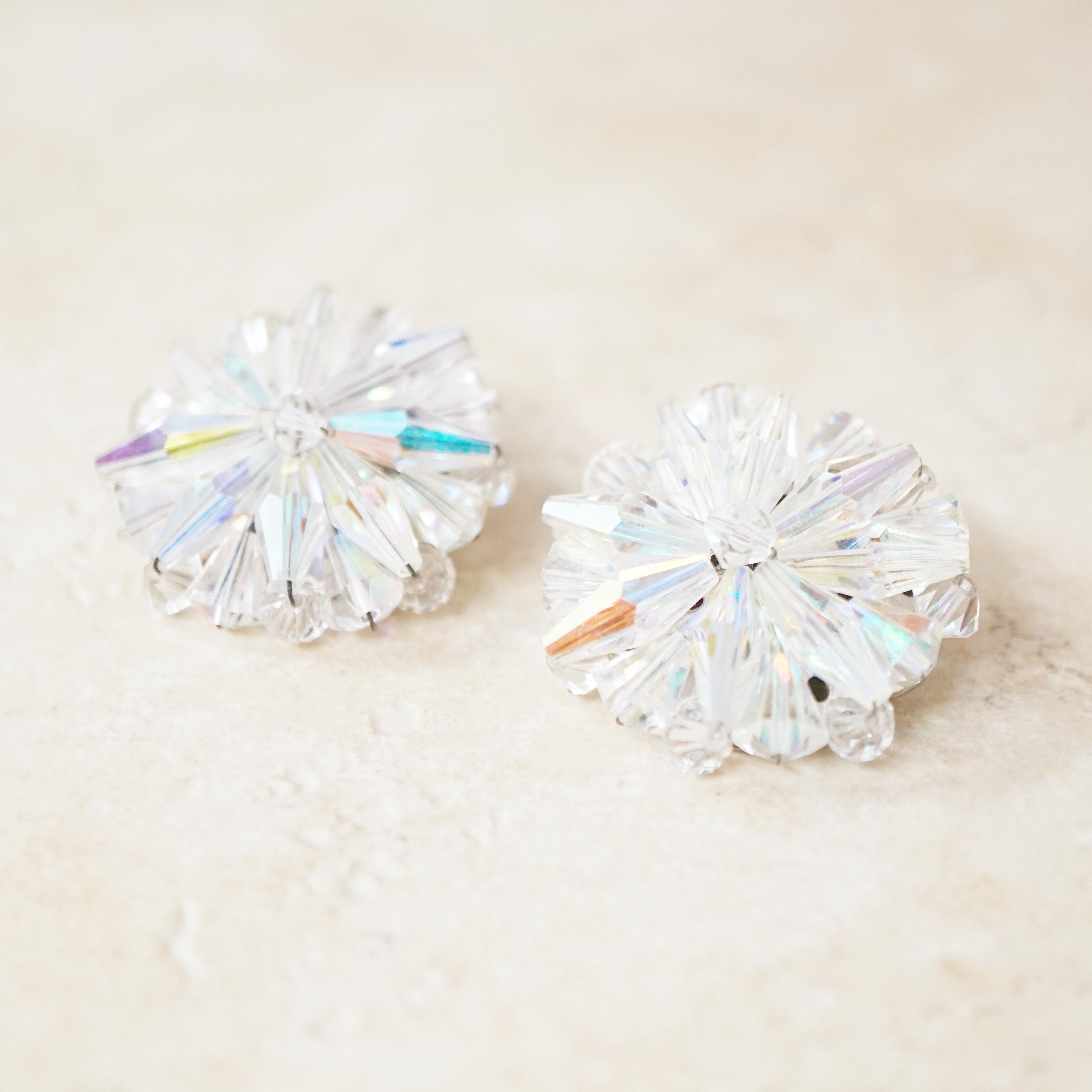 Vintage Aurora Borealis Crystal Burst Statement Earrings, 1950s In Excellent Condition For Sale In McKinney, TX