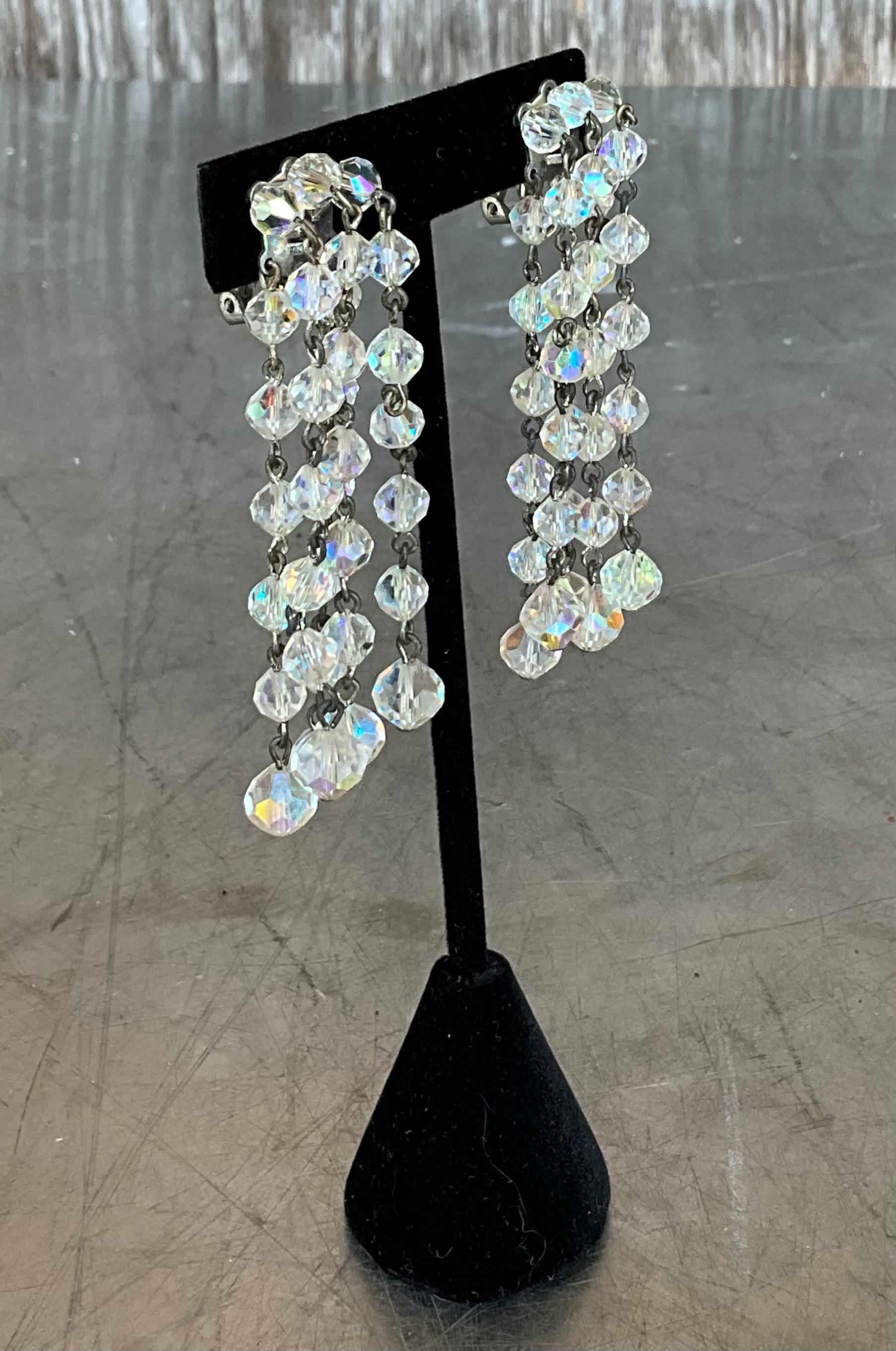 Art Deco Vintage Aurora Borealis Crystal Clip on Earrings For Sale
