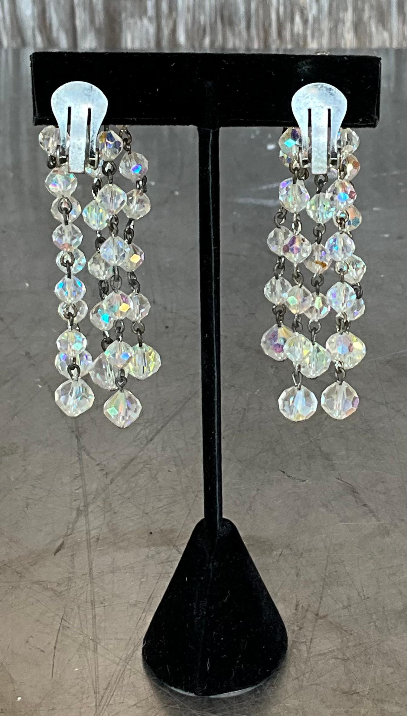 Women's or Men's Vintage Aurora Borealis Crystal Clip on Earrings For Sale