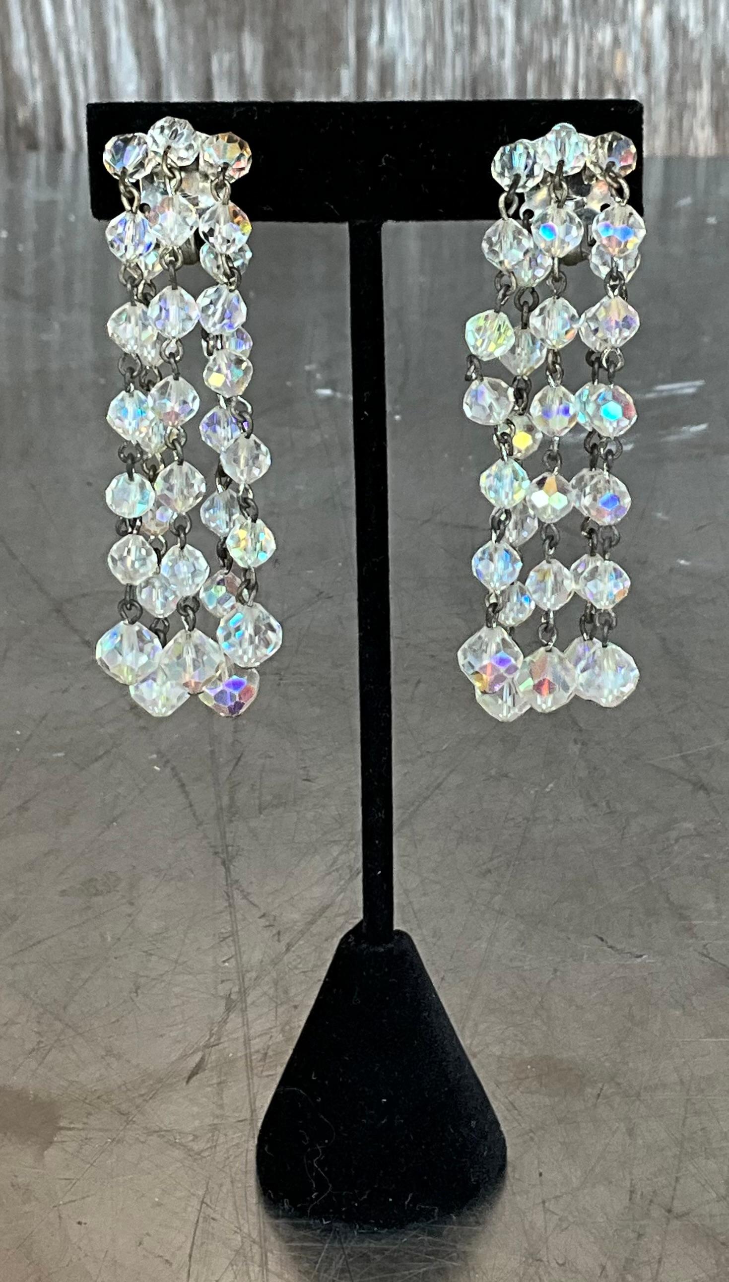 Vintage Aurora Borealis Crystal Clip on Earrings For Sale 3
