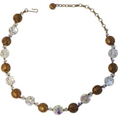 Vintage Aurora Borealis Crystal Necklace with Brass Filigree Beads 1950s