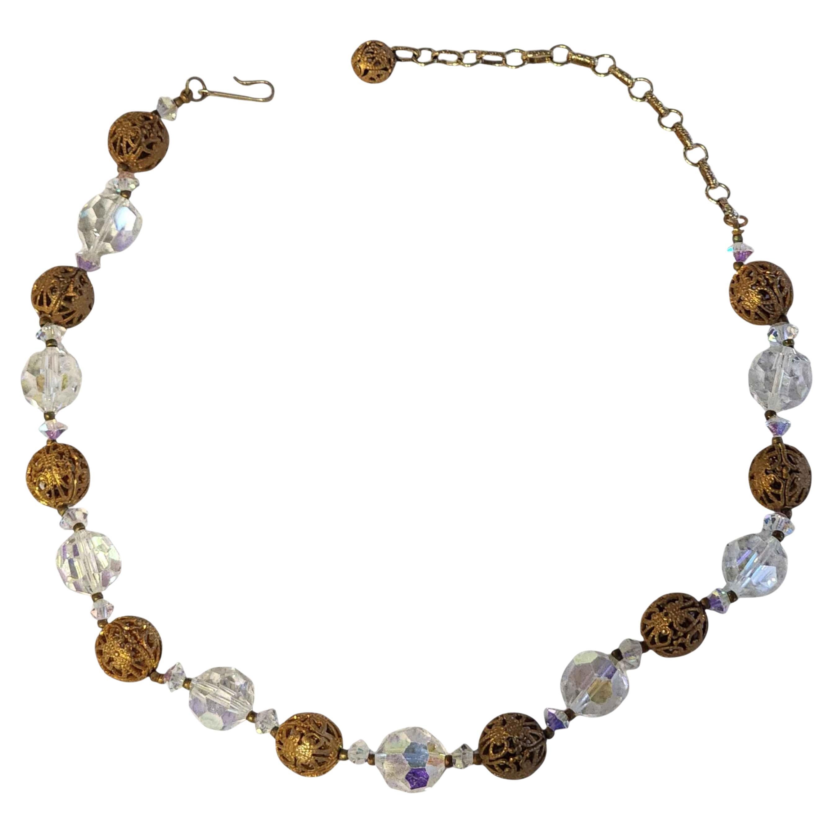 Vintage Aurora Borealis Crystal Necklace with Brass Filigree Beads 1950s