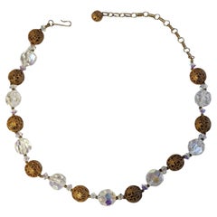 Vintage Aurora Borealis Crystal Necklace with Brass Filigree Beads 1950s