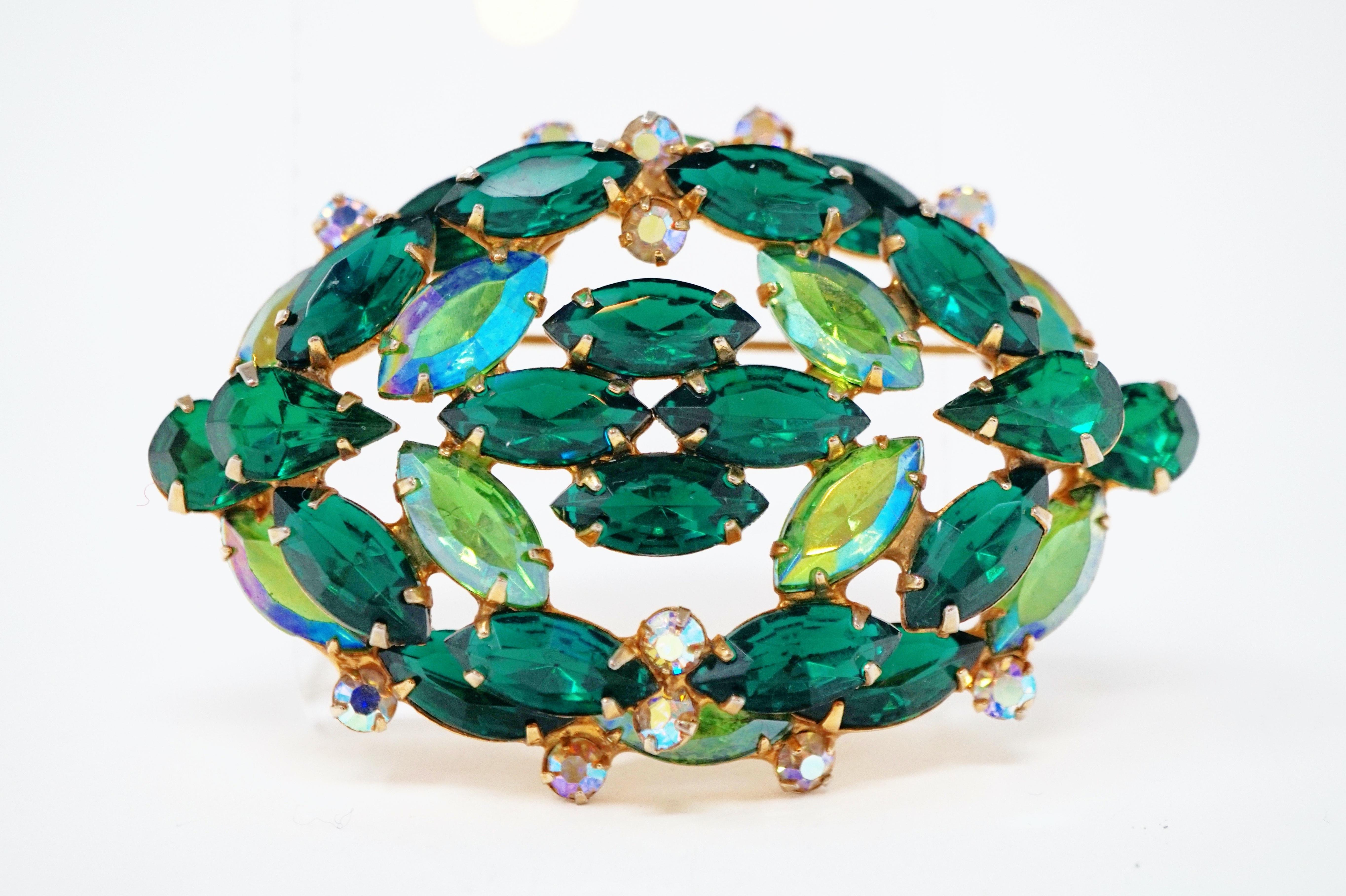 Vintage Aurora Borealis Emerald Rhinestone Crystal Large Brooch, circa 1950s 5