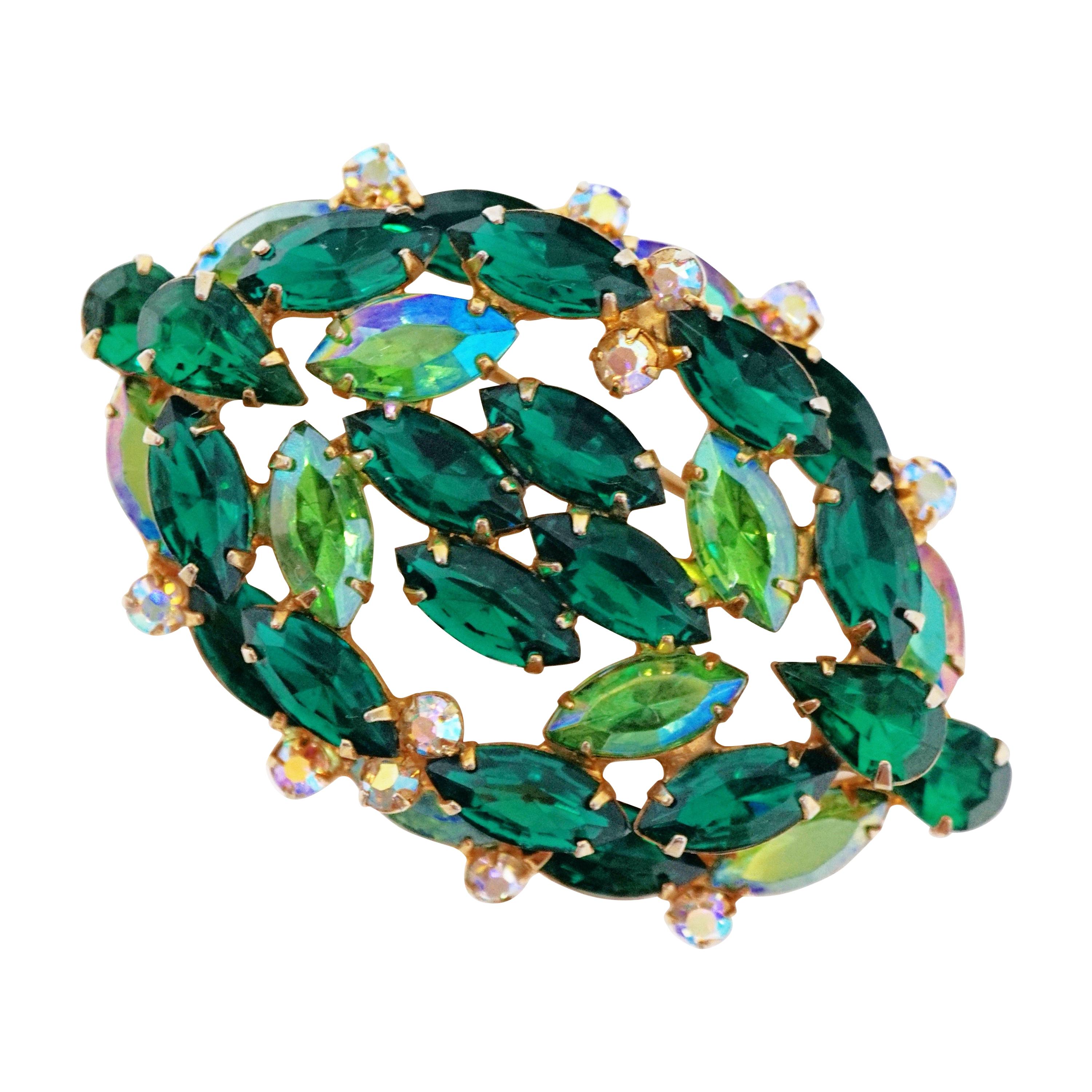 Vintage Aurora Borealis Emerald Rhinestone Crystal Large Brooch, circa 1950s