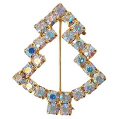 Vintage Aurora Borealis Icy White & Blue Rhinestone Christmas Tree Brooch, Gold