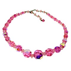 Vintage aurora pink graduated beaded crystal designer necklace