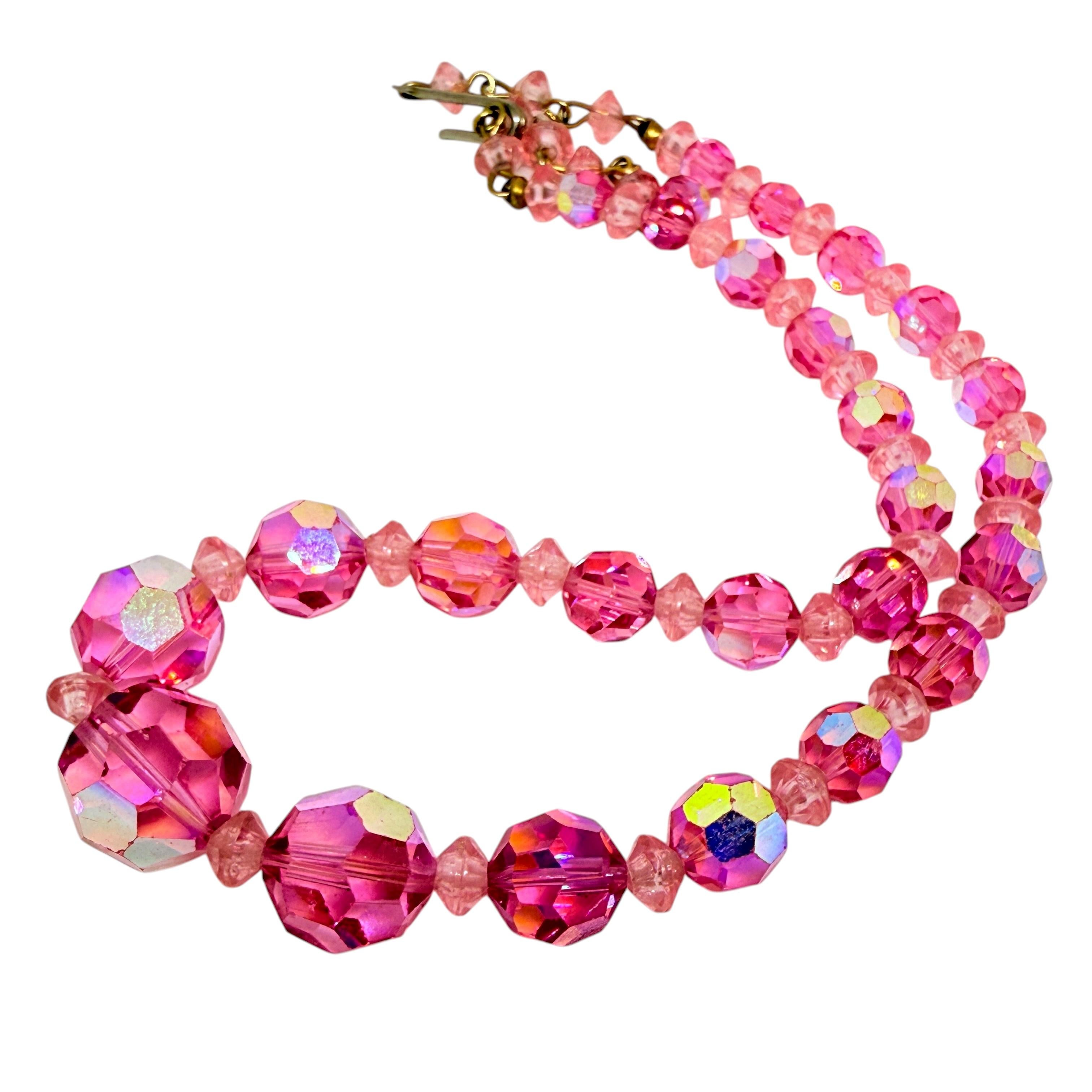 Collana vintage con perline graduate di cristallo color rosa aurora