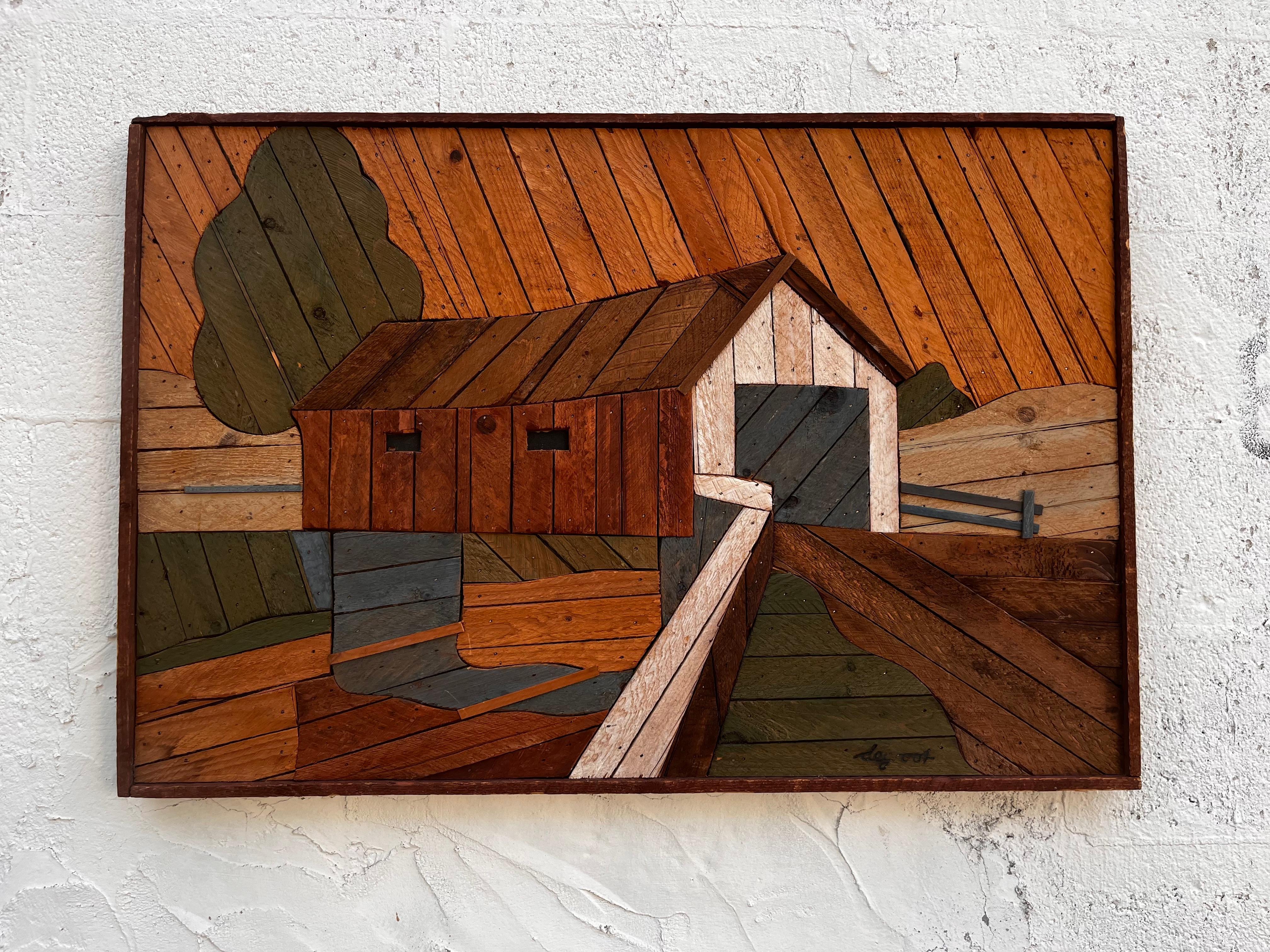 Original Lath Art by Austin Productions, hand painted and signed by the Dutch- American artist Theodore Degroot, circa 1970s 
This charming piece features a rustic depiction of a barn in a rural landscape.
In excellent original condition with