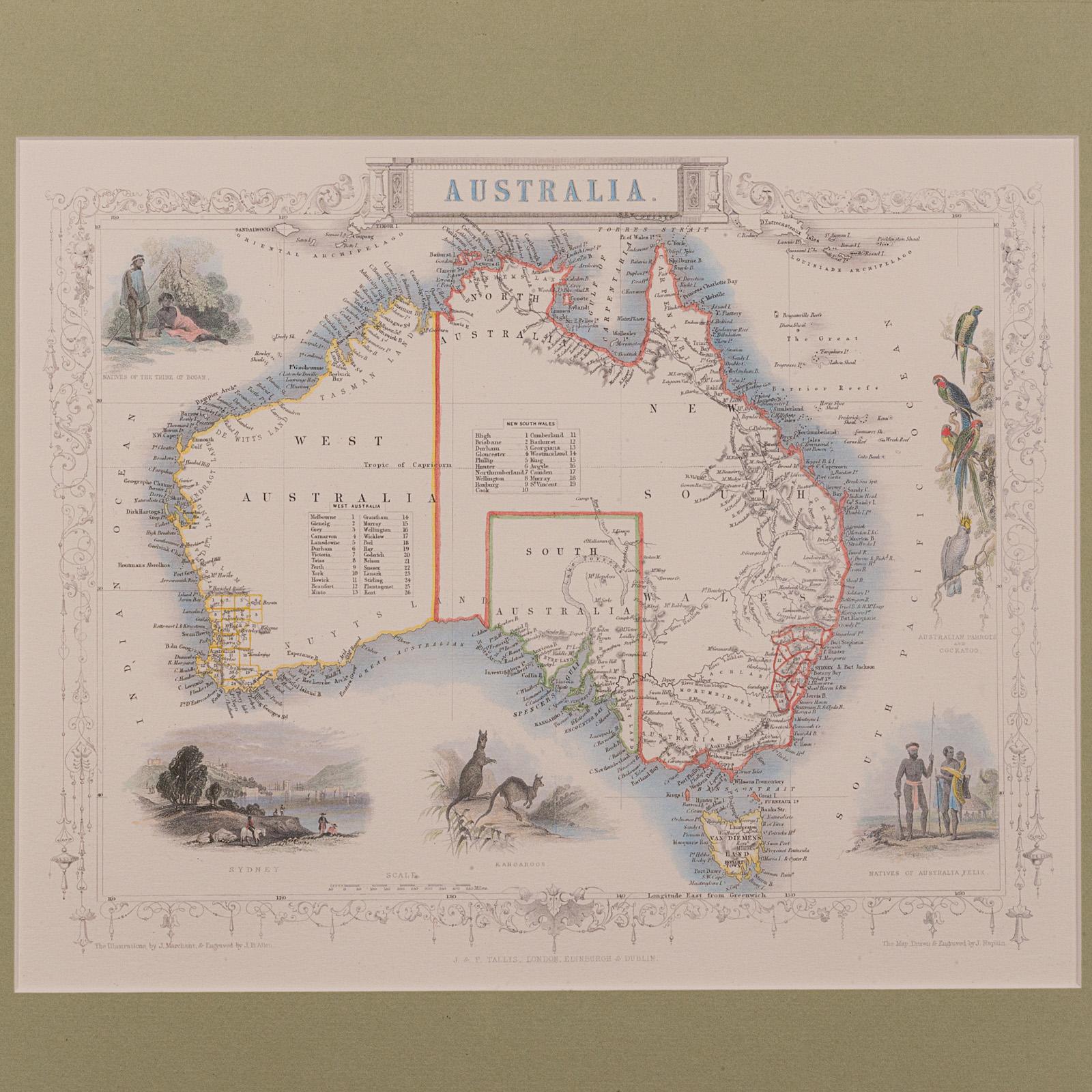 Mappa dell'Australia d'epoca, incorniciata, interesse storico per la cartografia del XIX secolo, 1988 In condizioni buone in vendita a Hele, Devon, GB