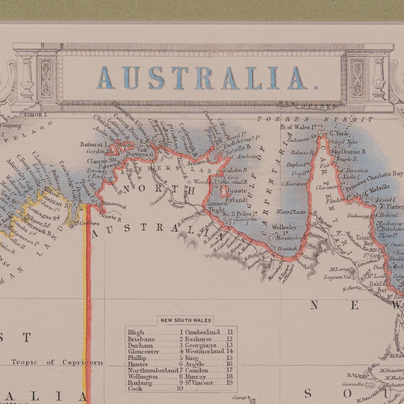 Fine XX secolo Mappa dell'Australia d'epoca, incorniciata, interesse storico per la cartografia del XIX secolo, 1988 in vendita