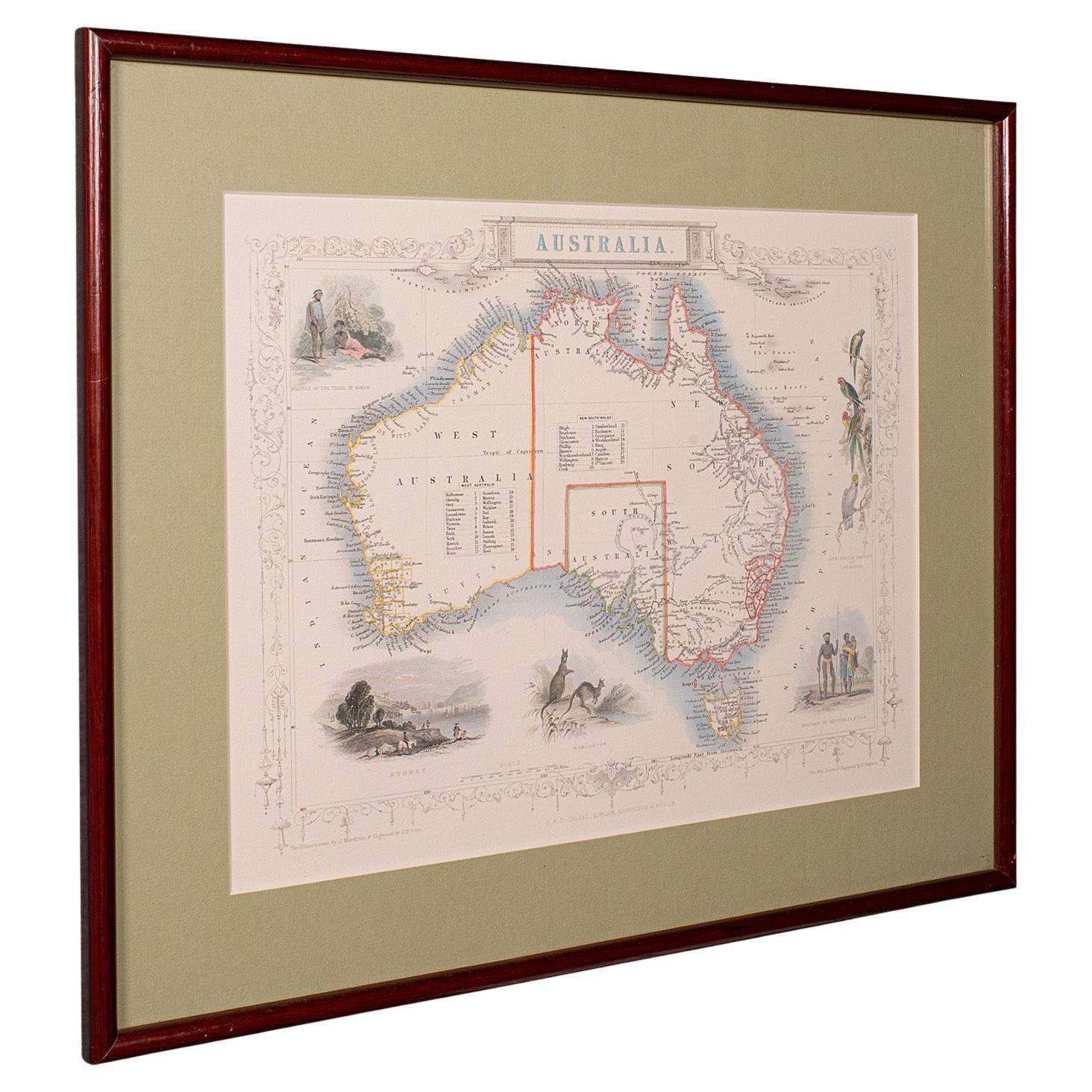 Vintage Australien Karte, gerahmt, historisch 19. Jahrhundert Kartographie Interesse, 1988