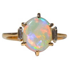 Retro Australian 3.85 Carat Opal Baguette Diamond 14 Karat Gold Ring