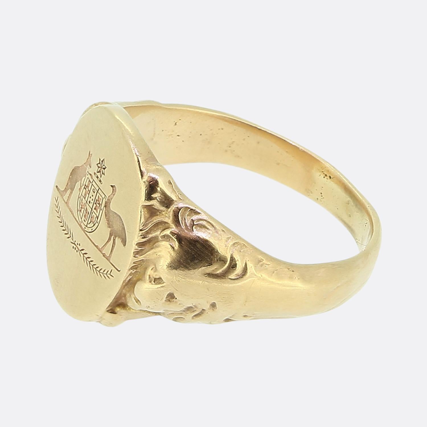 Here we have a fabulous intaglio signet ring. This vintage piece has been crafted from a warm 18ct yellow gold with an oval face playing host to a highly detailed depiction of the Australian Coat of Arms. The coat of arms of Australia, officially
