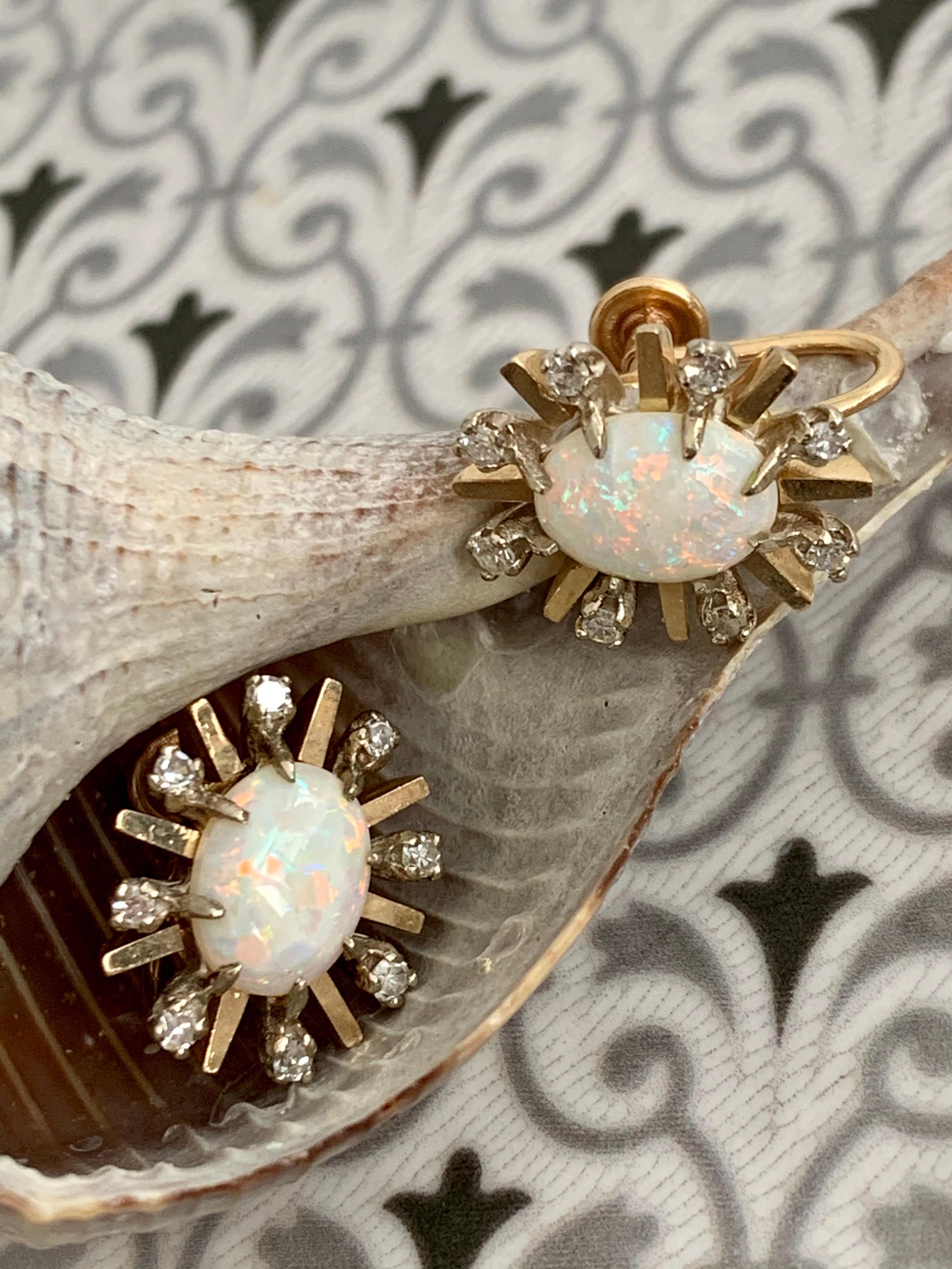 Mixed Cut Vintage Australian Opal and Diamond 14 Karat Yellow Gold Screw Back Earrings For Sale
